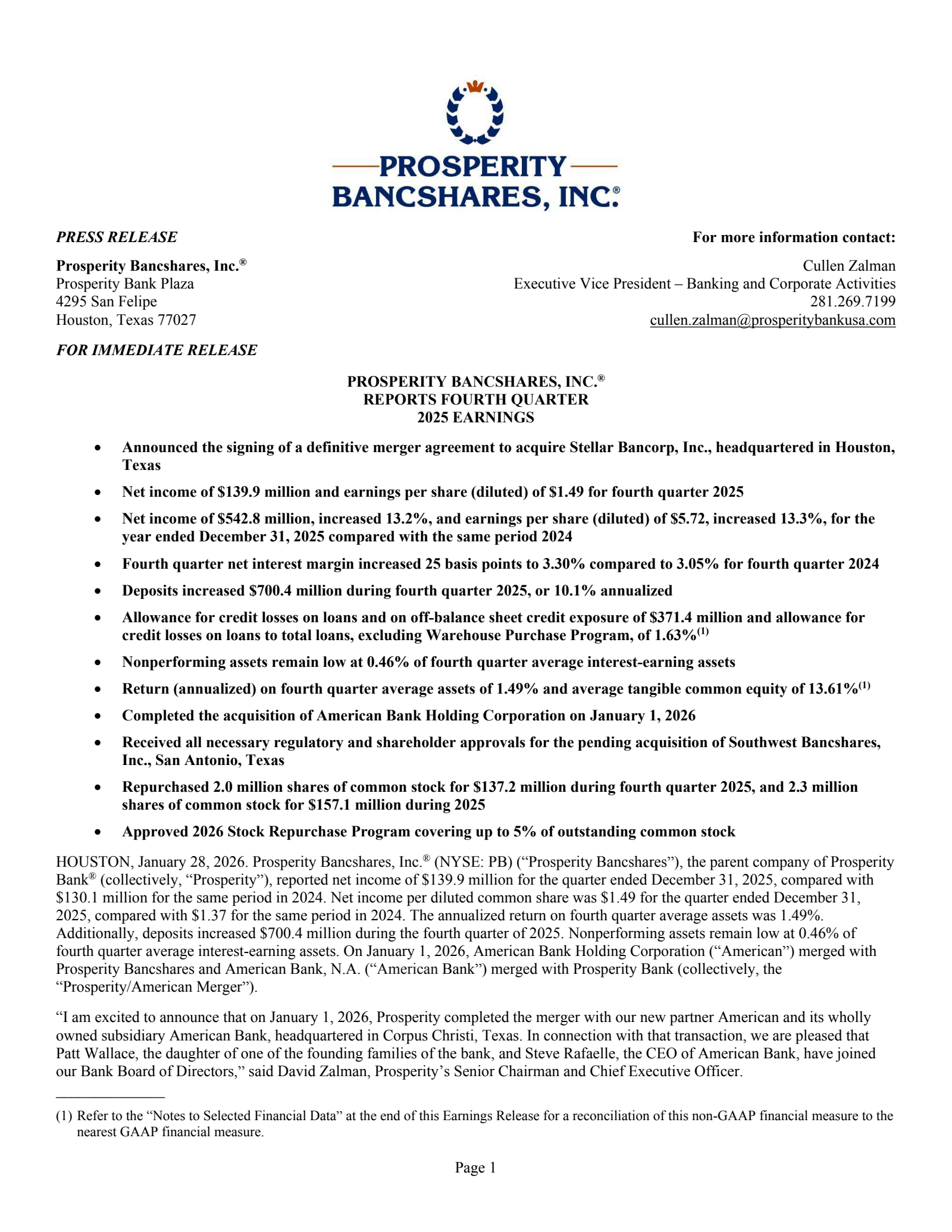 Prosperity Bancshares' Q4 2025 Press Release
