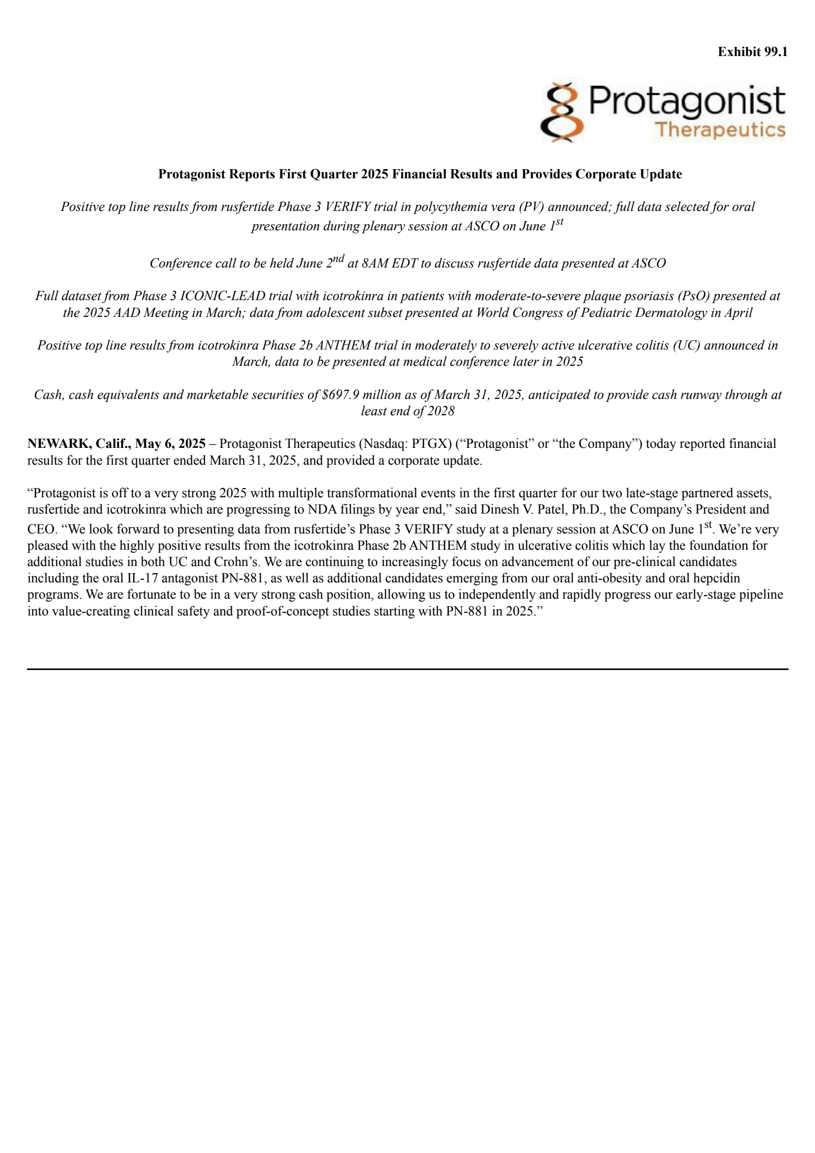 Protagonist Therapeutics' Q1 2025 Press Release