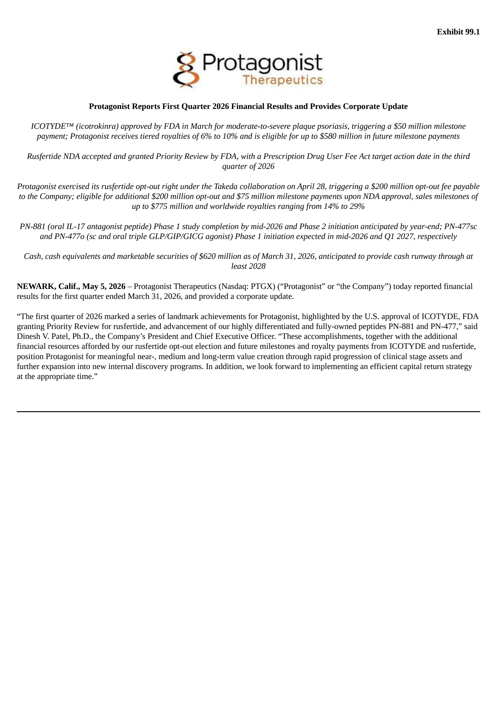 Protagonist Therapeutics' Q1 2026 Press Release