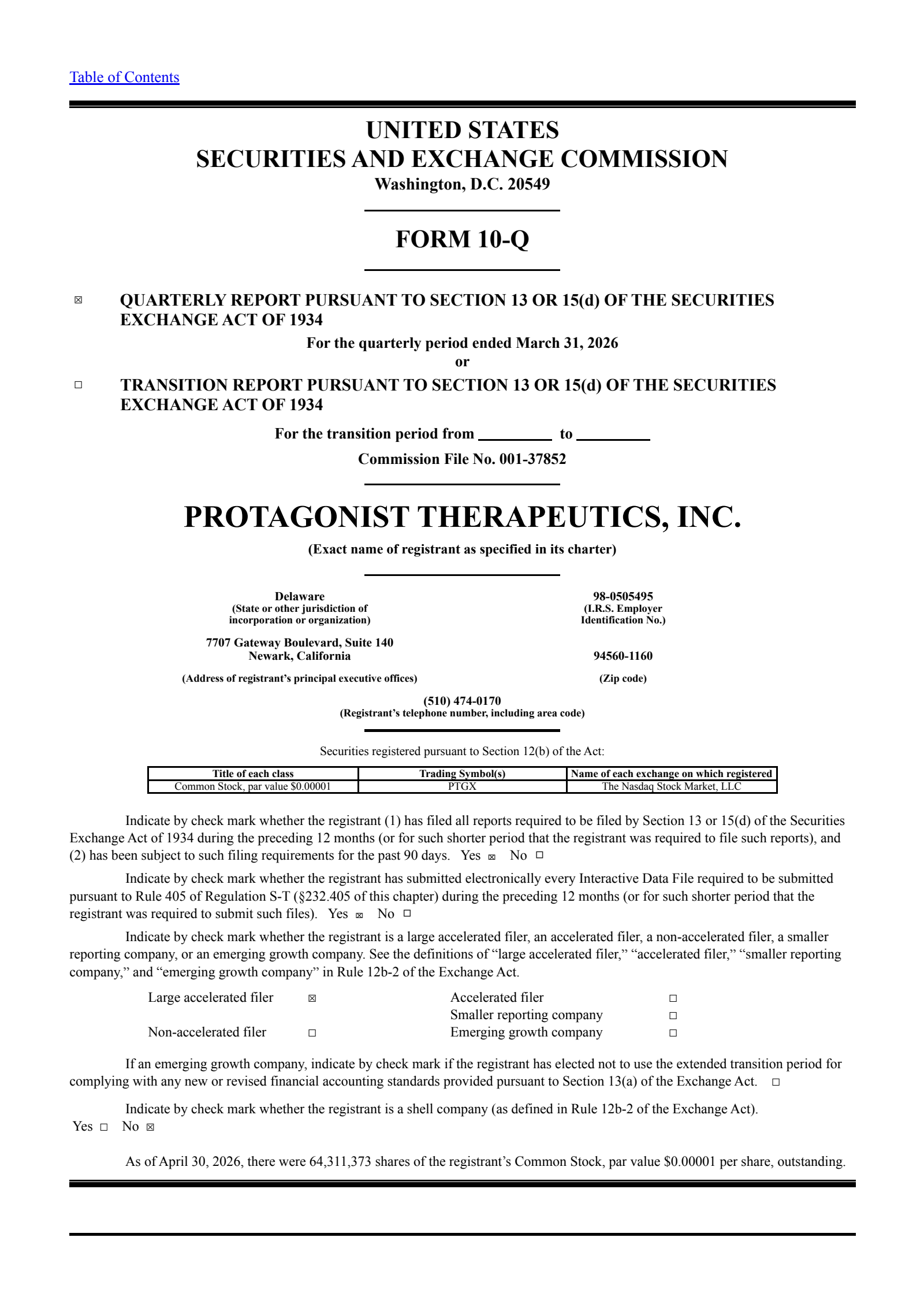 Protagonist Therapeutics' Q1 2026 Quarterly report