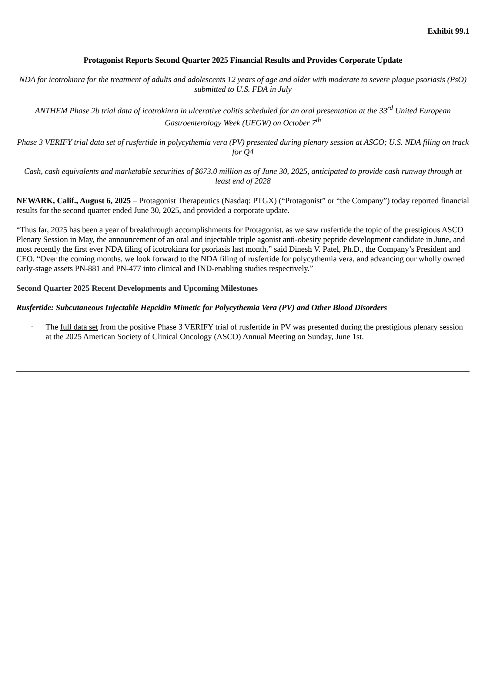 Protagonist Therapeutics' Q2 2025 Press Release