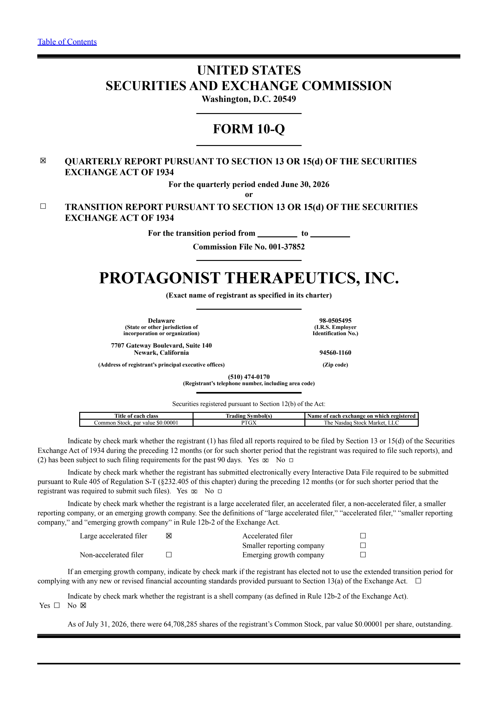 Protagonist Therapeutics' Q2 2026 Quarterly report