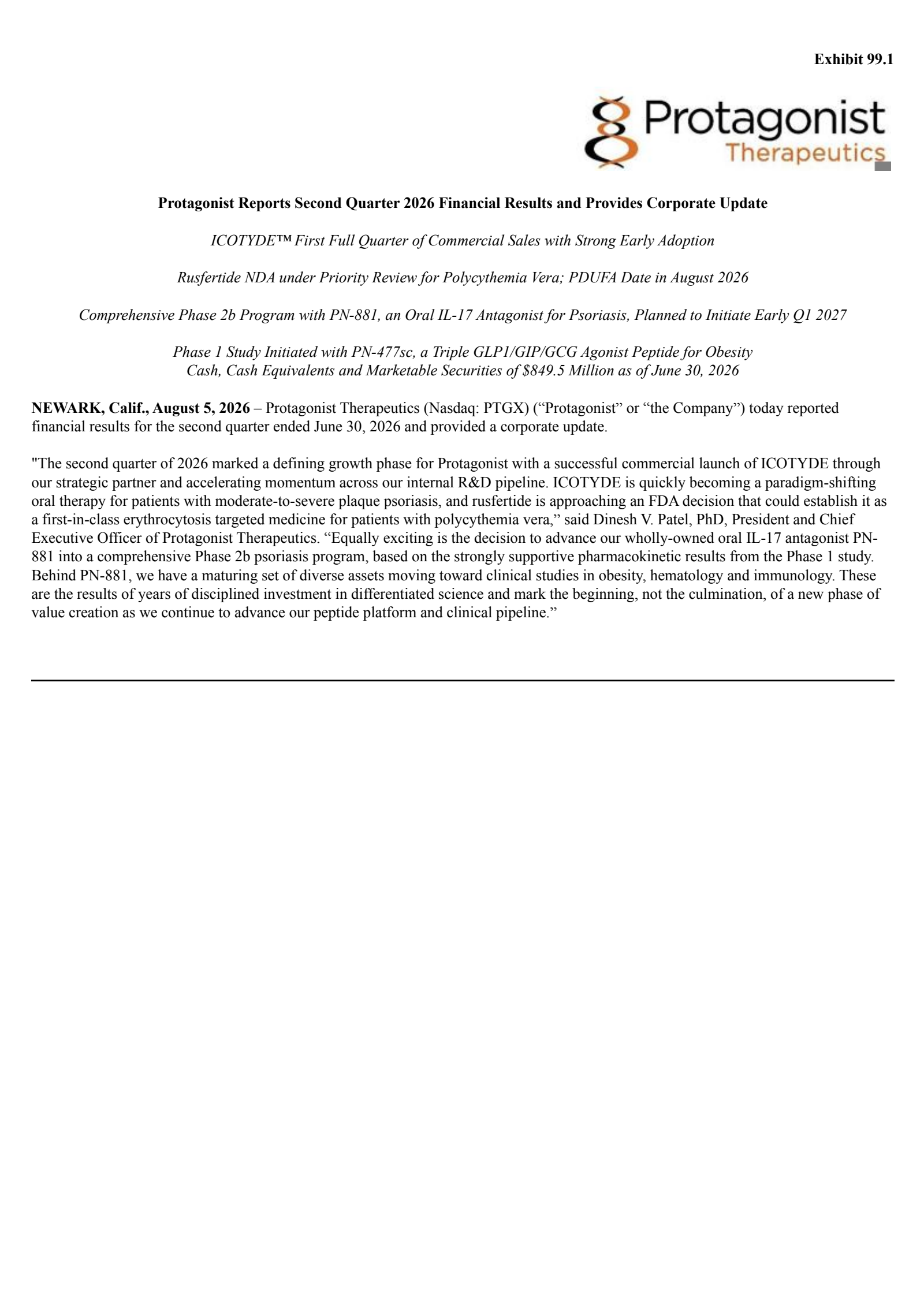 Protagonist Therapeutics' Q2 2026 Press Release