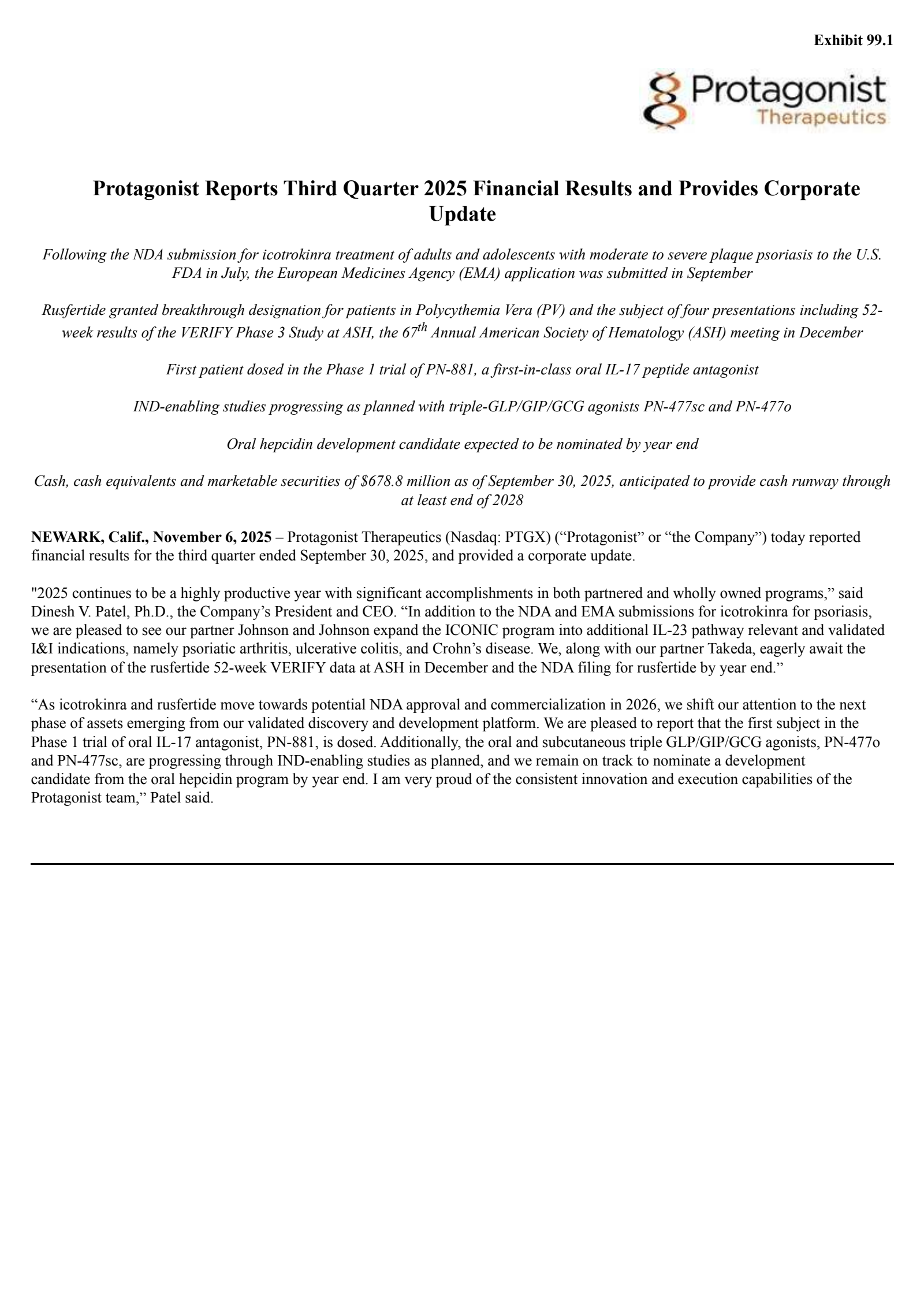 Protagonist Therapeutics' Q3 2025 Earnings Release