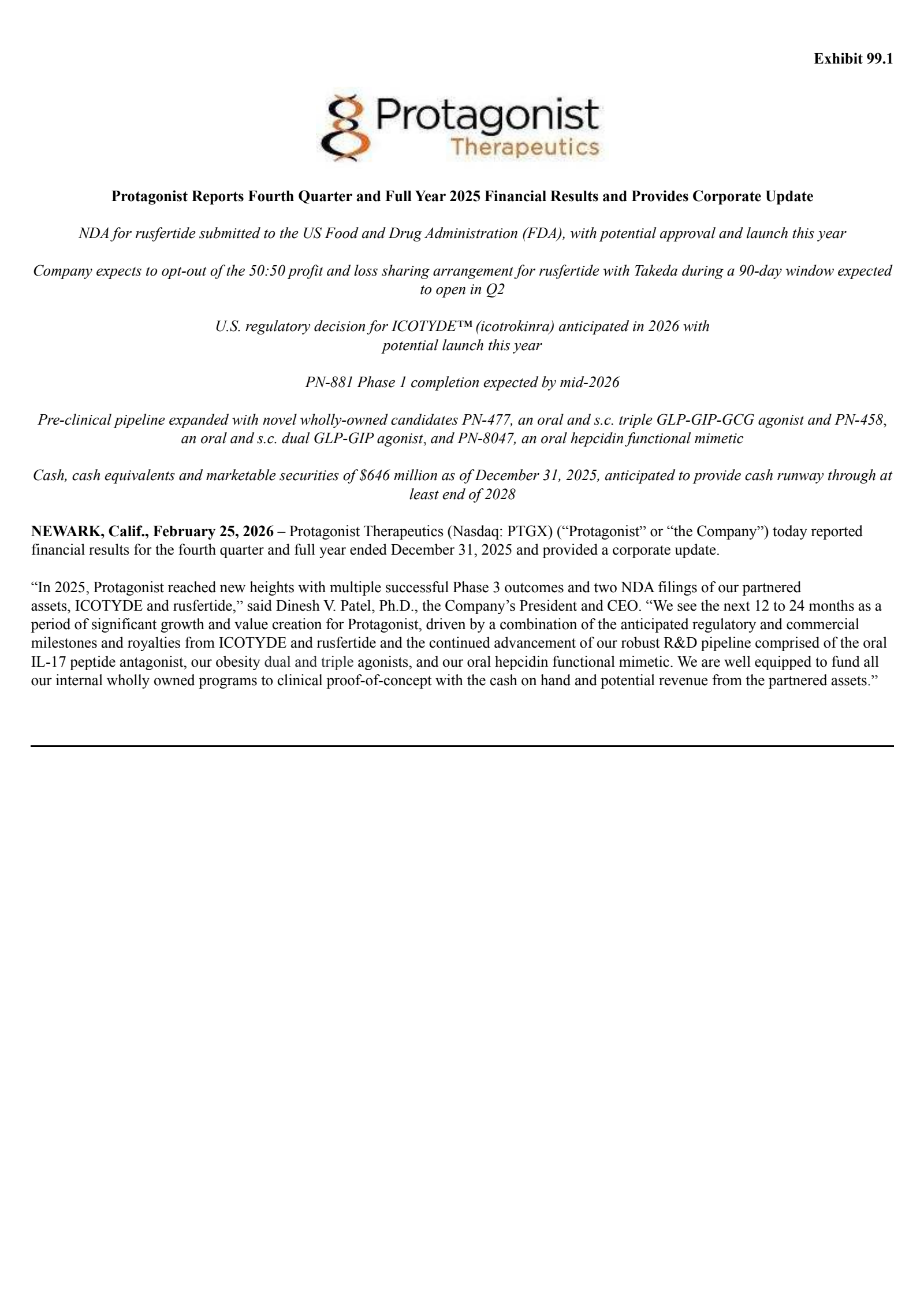 Protagonist Therapeutics' Q4 2025 Press Release
