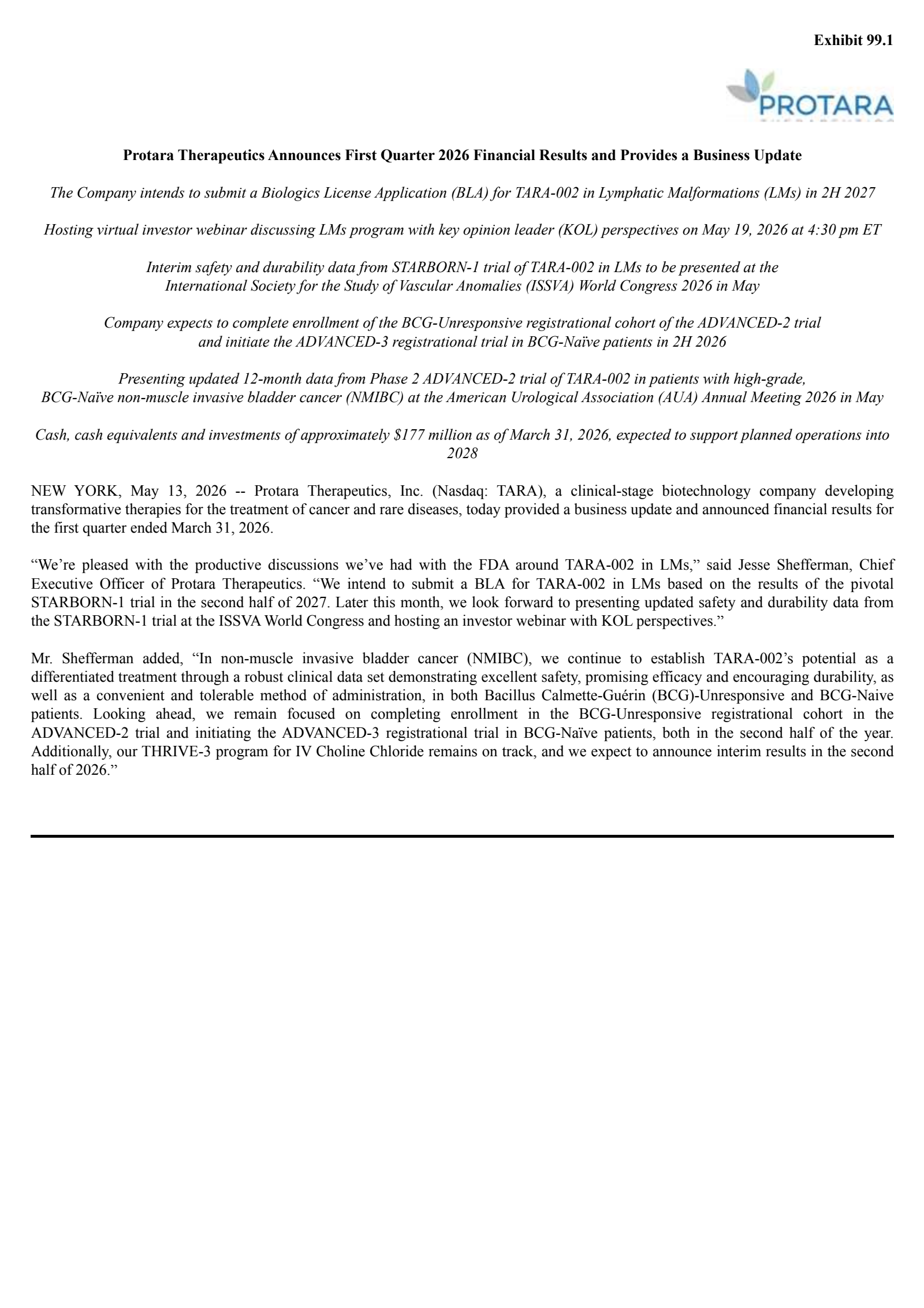 Protara Therapeutics' Q1 2026 Press Release