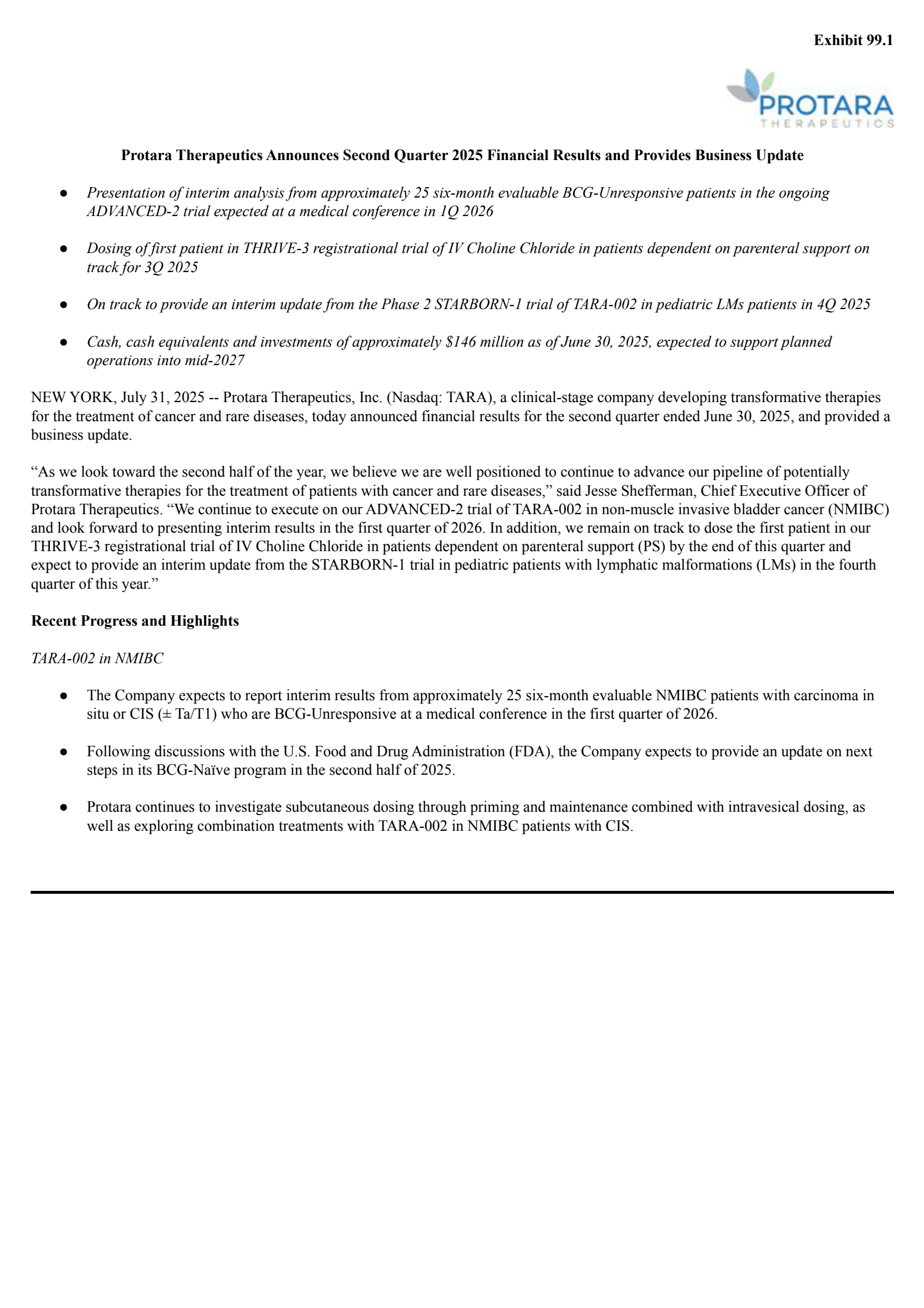Protara Therapeutics' Q2 2025 Press Release
