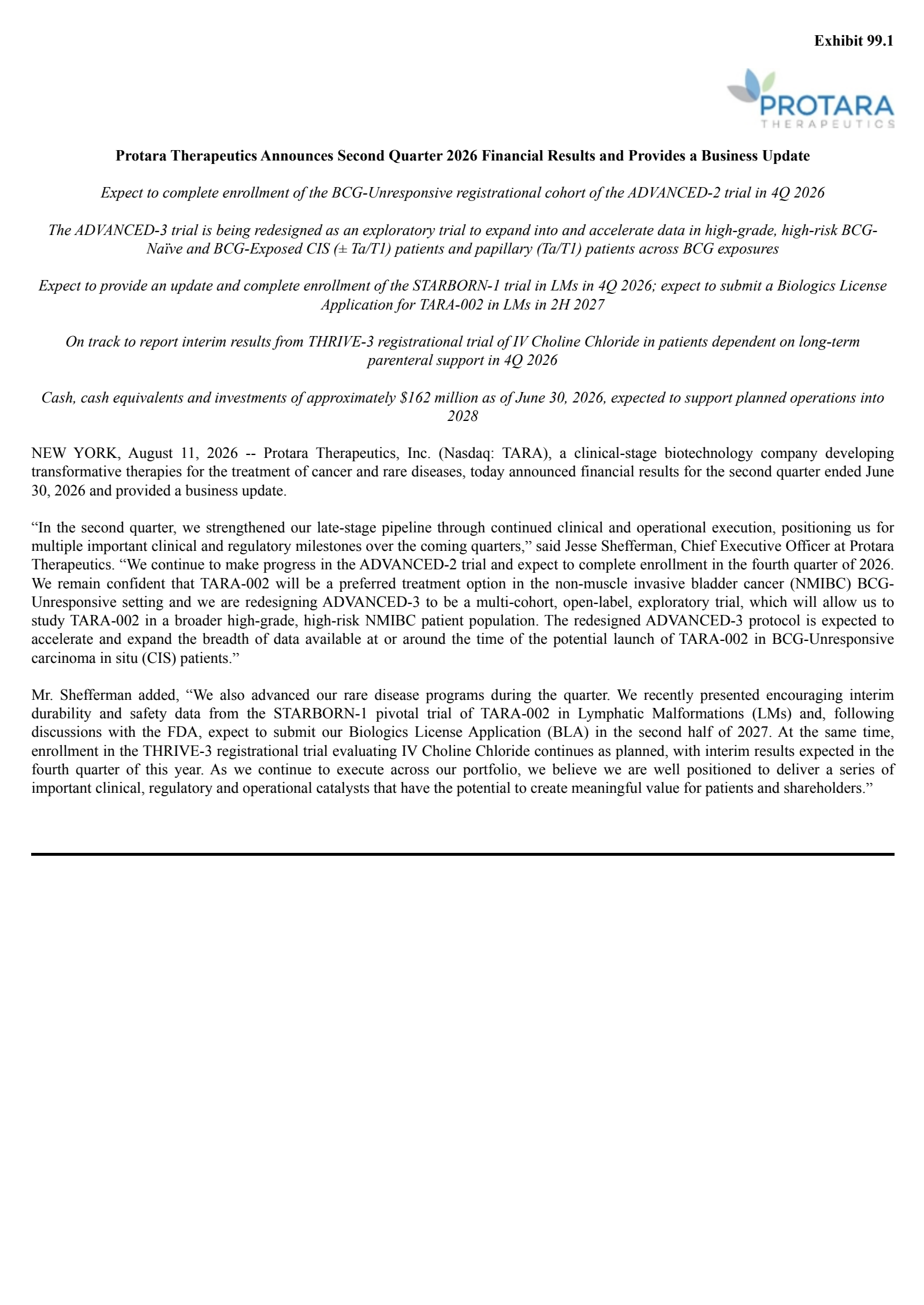 Protara Therapeutics' Q2 2026 Press Release