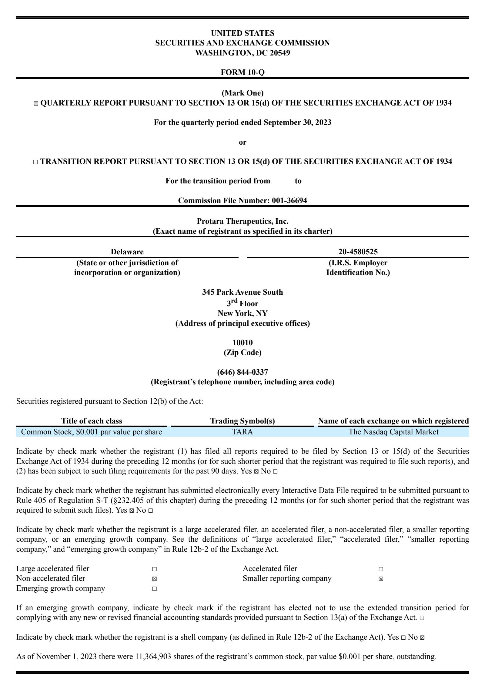 Protara Therapeutics' Q3 2023 Quarterly report