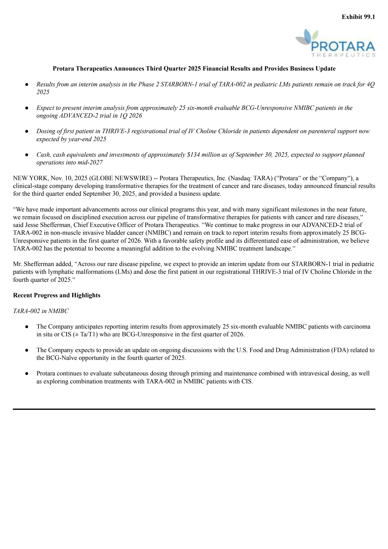 Protara Therapeutics' Q3 2025 Earnings Release