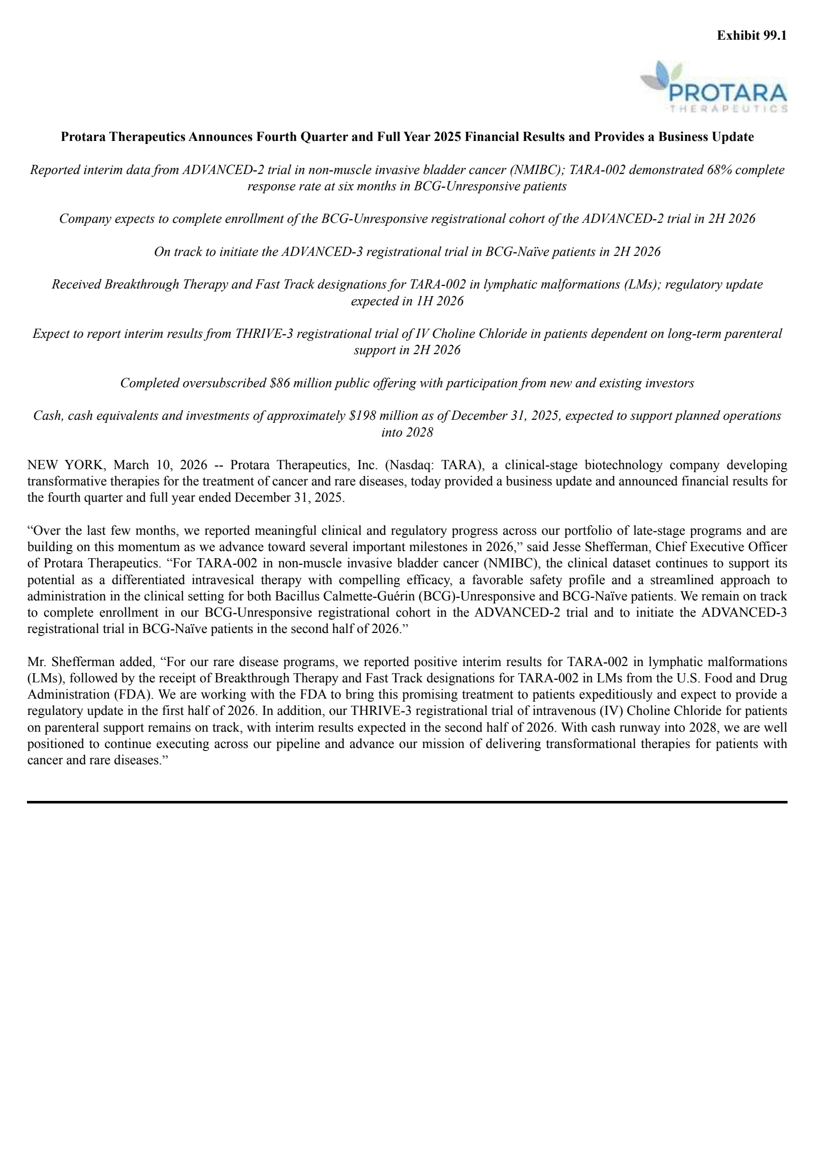 Protara Therapeutics' Q4 2025 Press Release