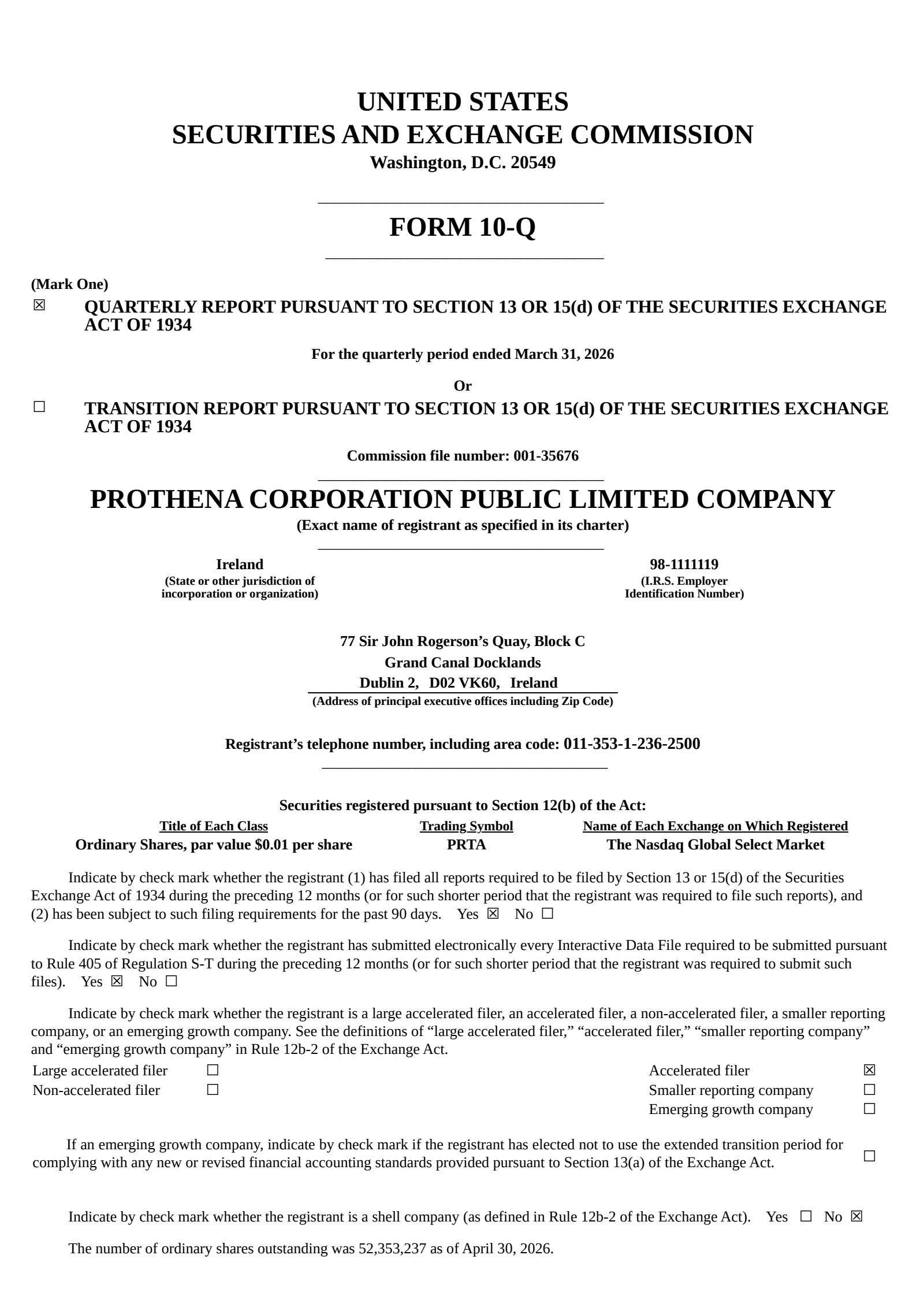 Prothena's Q1 2026 Quarterly report