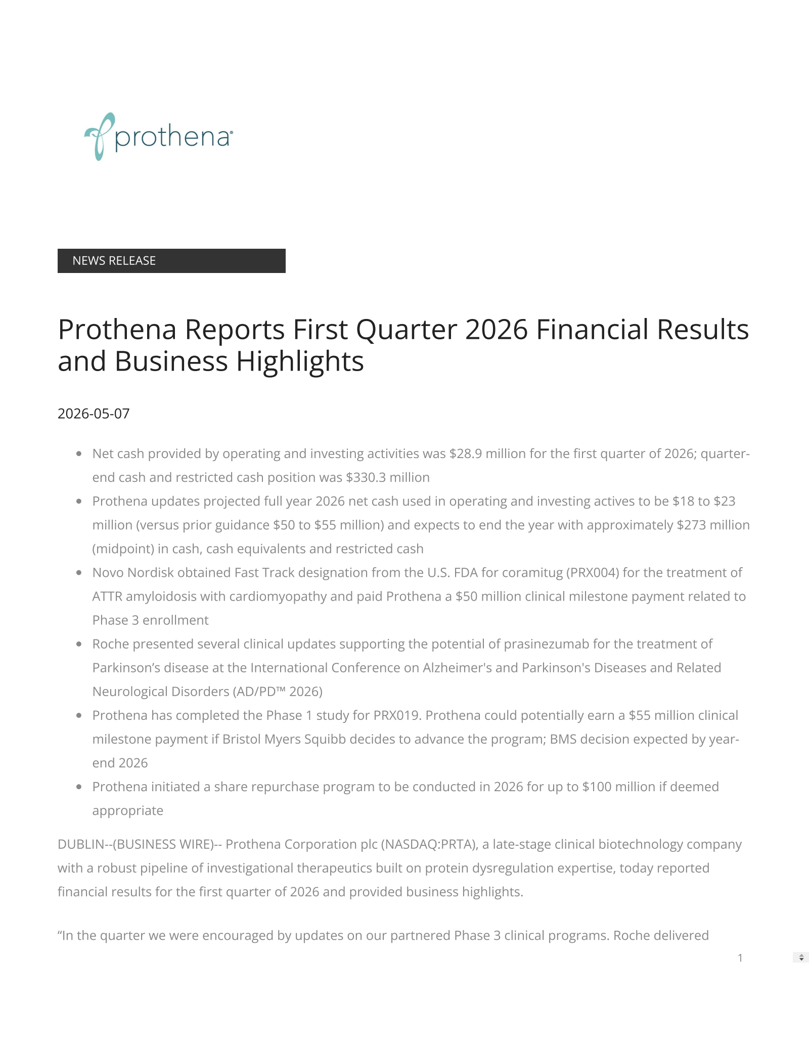 Prothena's Q1 2026 Press Release