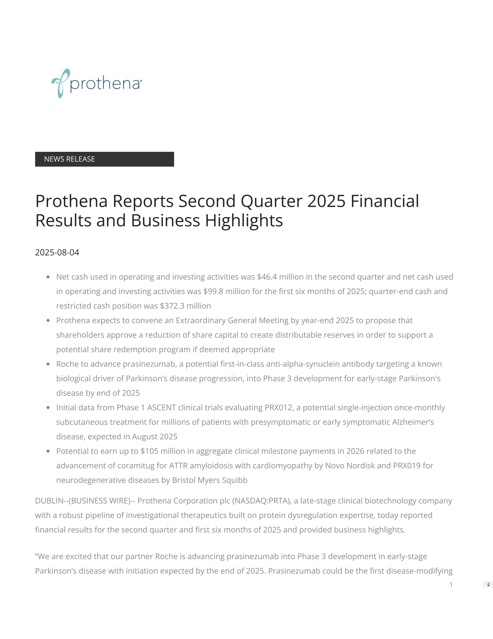 Prothena's Q2 2025 Press Release