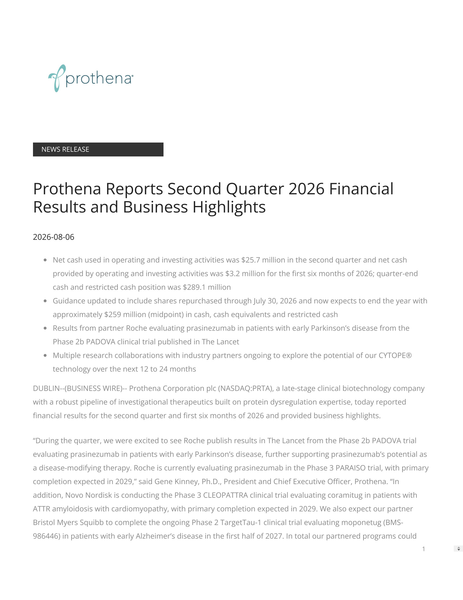 Prothena's Q2 2026 Press Release