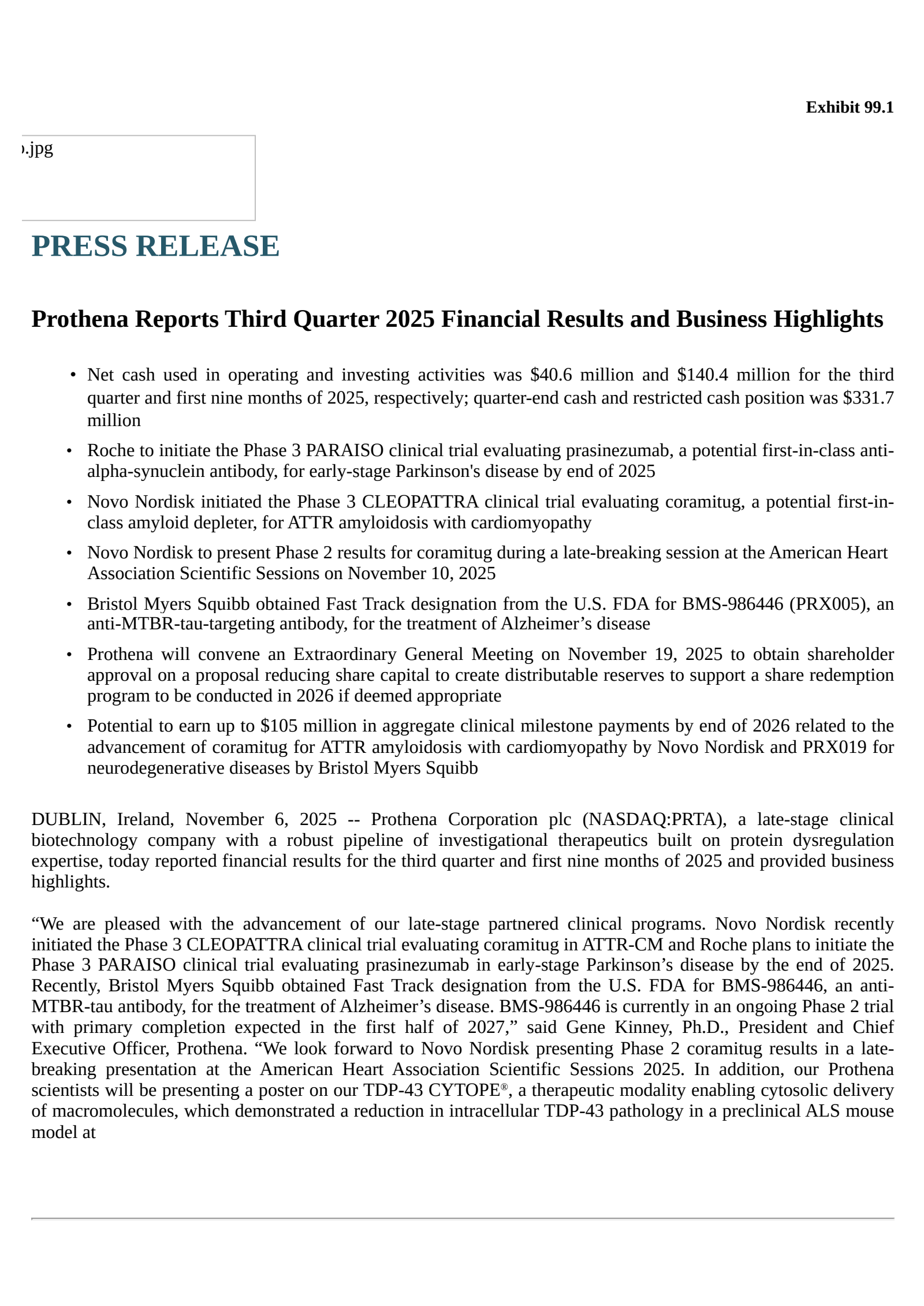 Prothena's Q3 2025 Earnings Release