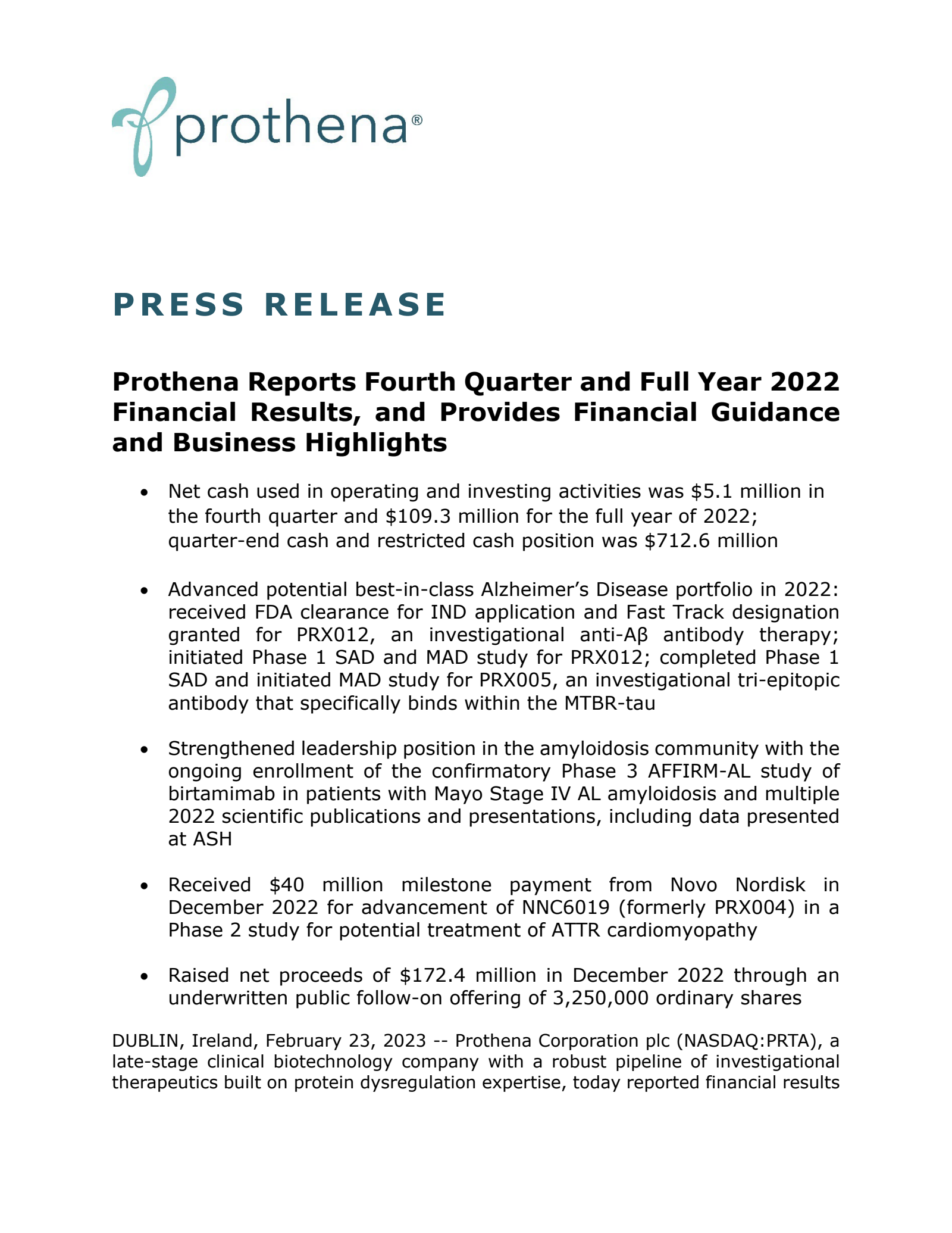 PRTA Q4 2022 Earnings Report on 2/23/2023