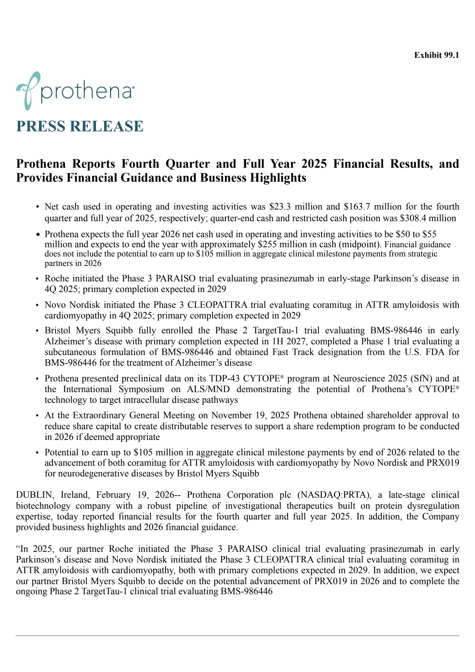 Prothena's Q4 2025 Press Release