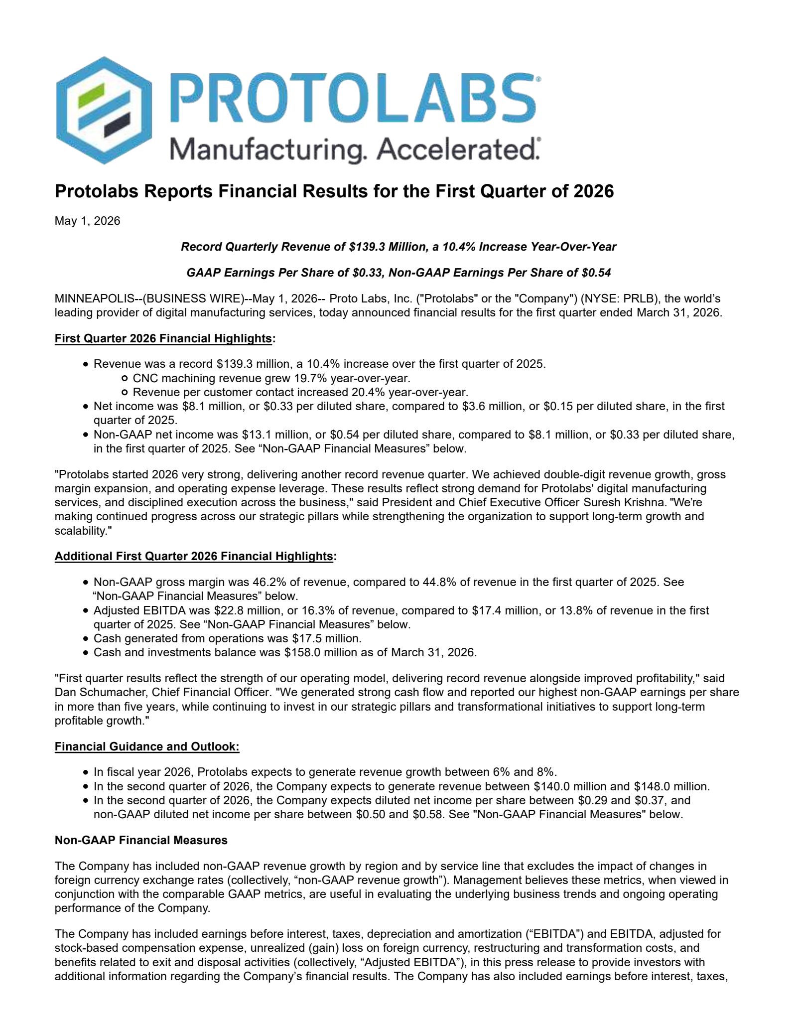 Proto Labs' Q1 2026 Press Release