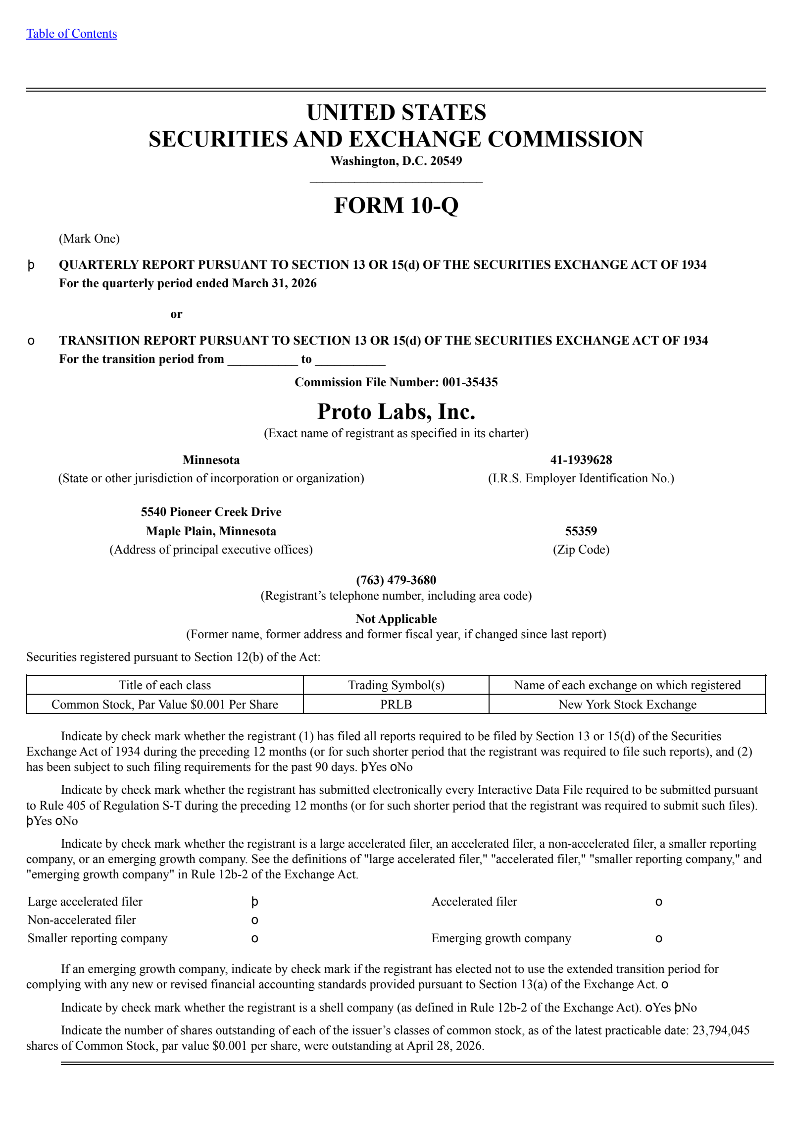 Proto Labs' Q1 2026 Quarterly report