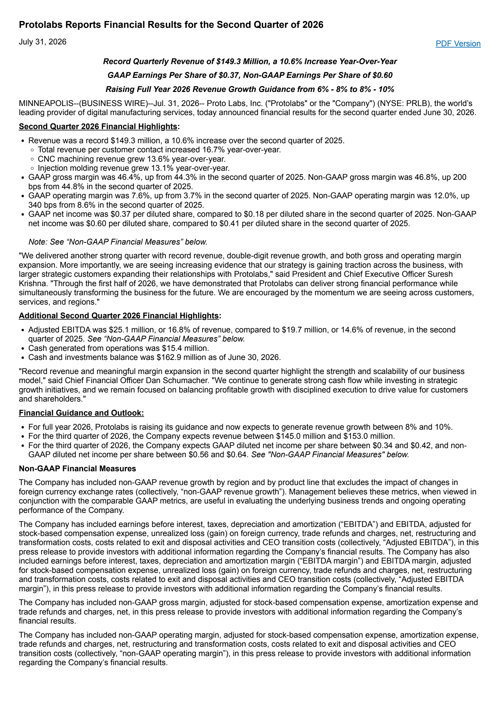 Proto Labs' Q2 2026 Press Release