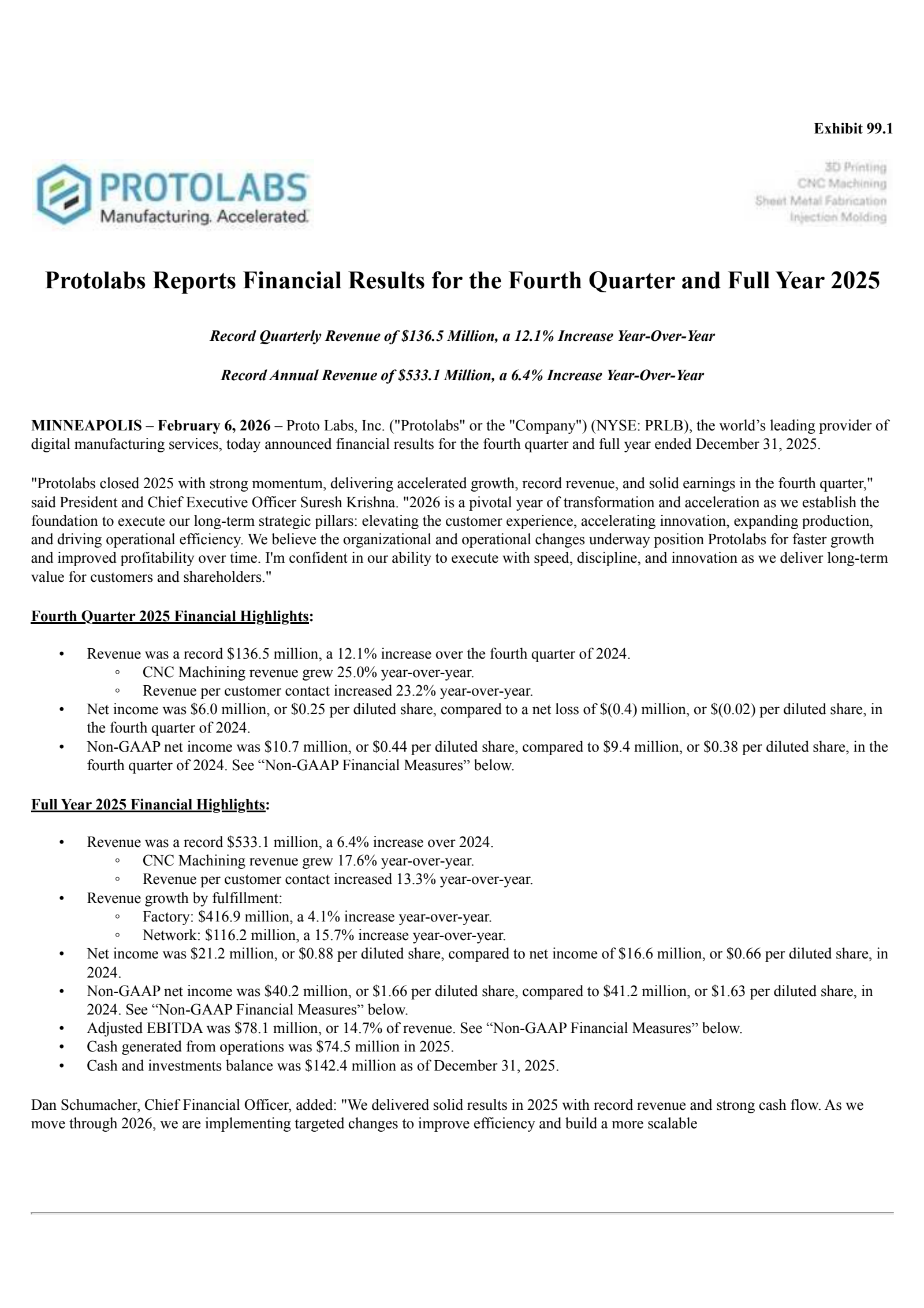 Proto Labs' Q4 2025 Press Release