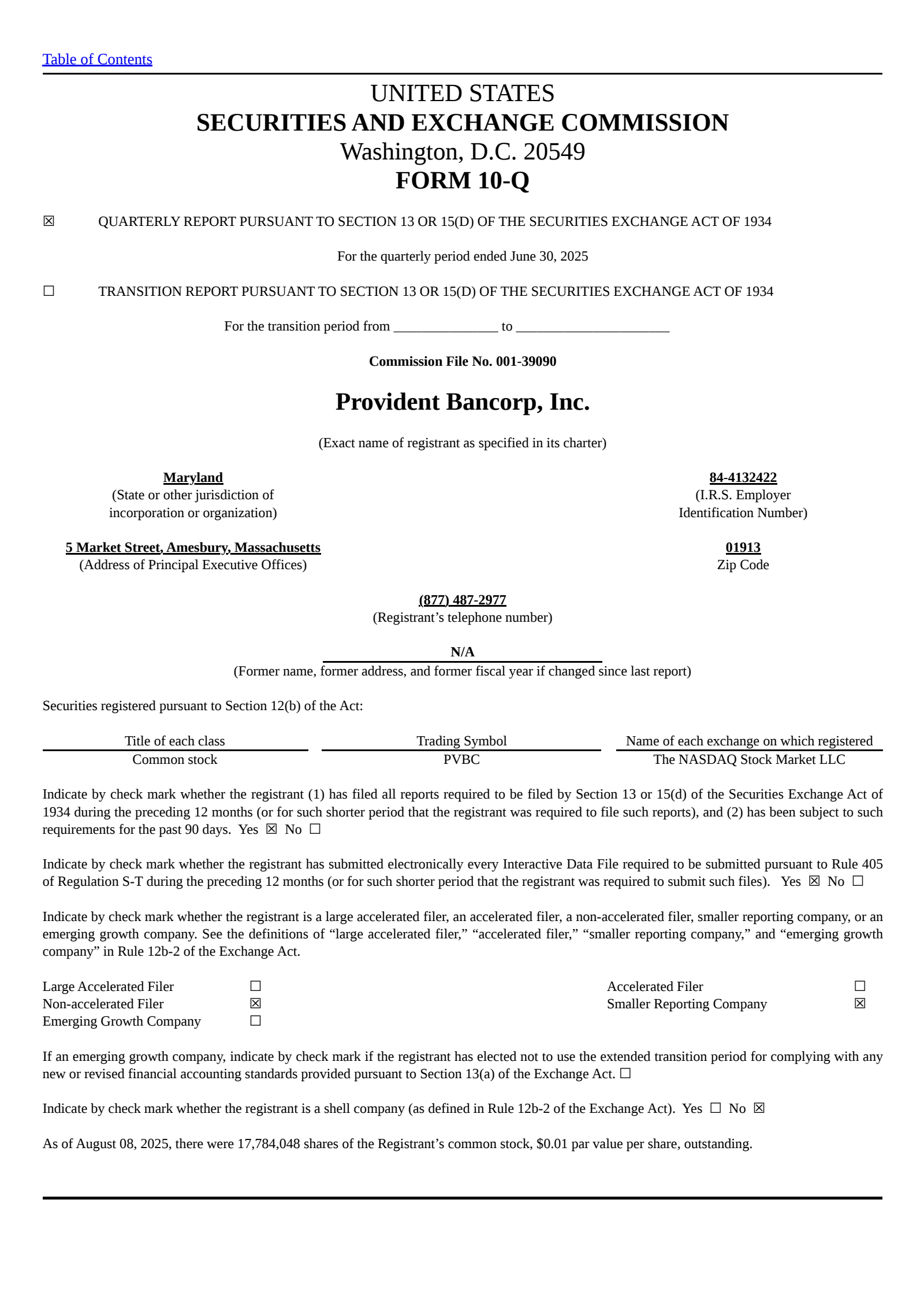 Provident Bancorp's Q2 2025 Quarterly report