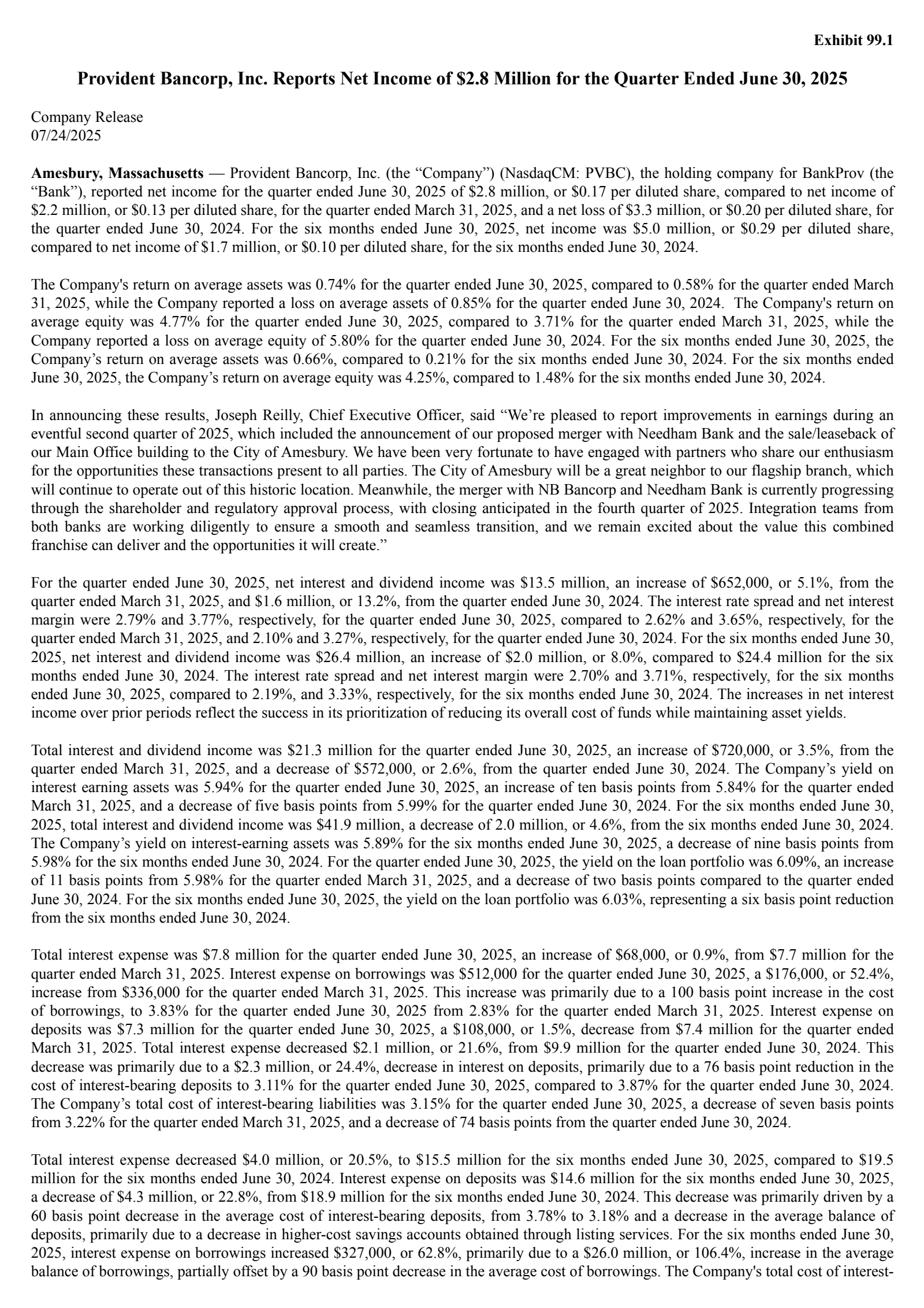 Provident Bancorp's Q2 2025 Press Release