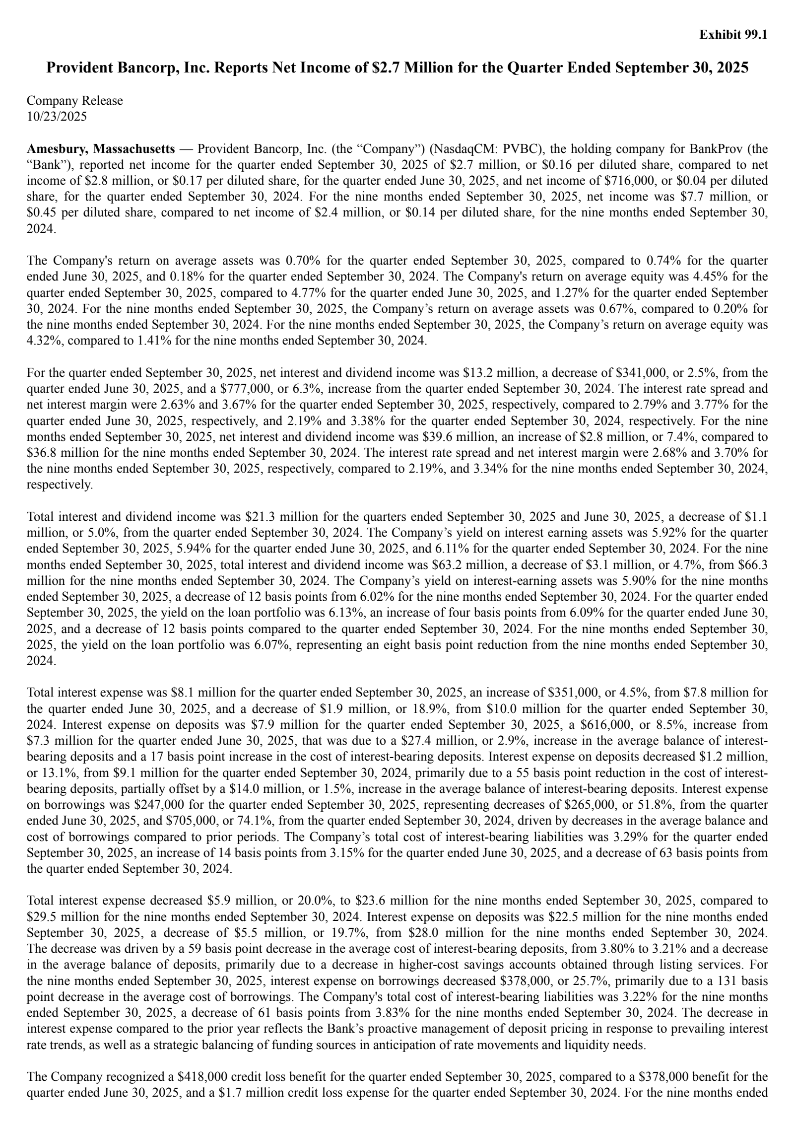 Provident Bancorp's Q3 2025 Earnings Release