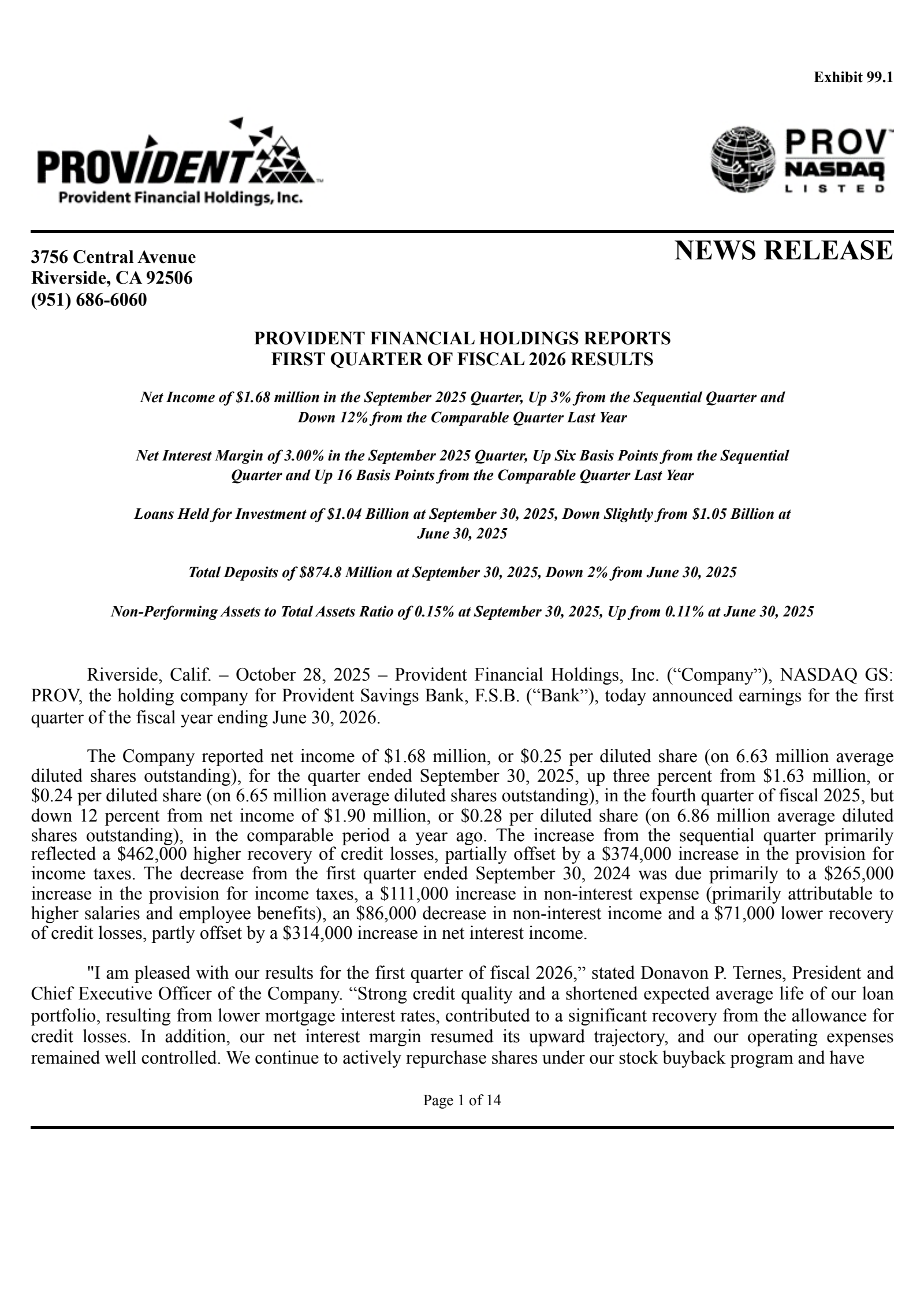 Provident Financial's Q1 2026 Earnings Release