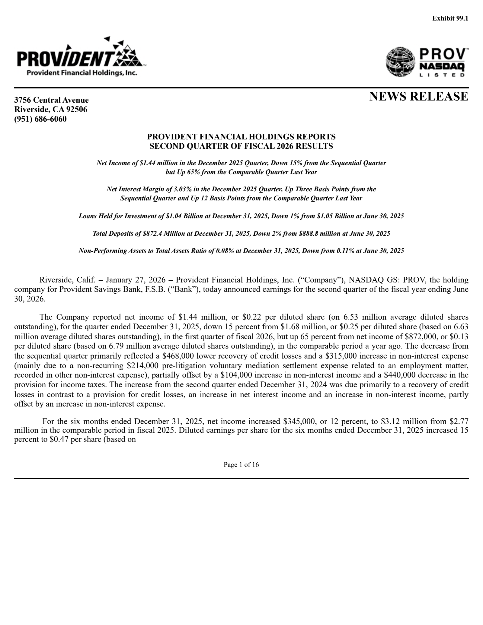 Provident Financial's Q2 2026 Press Release
