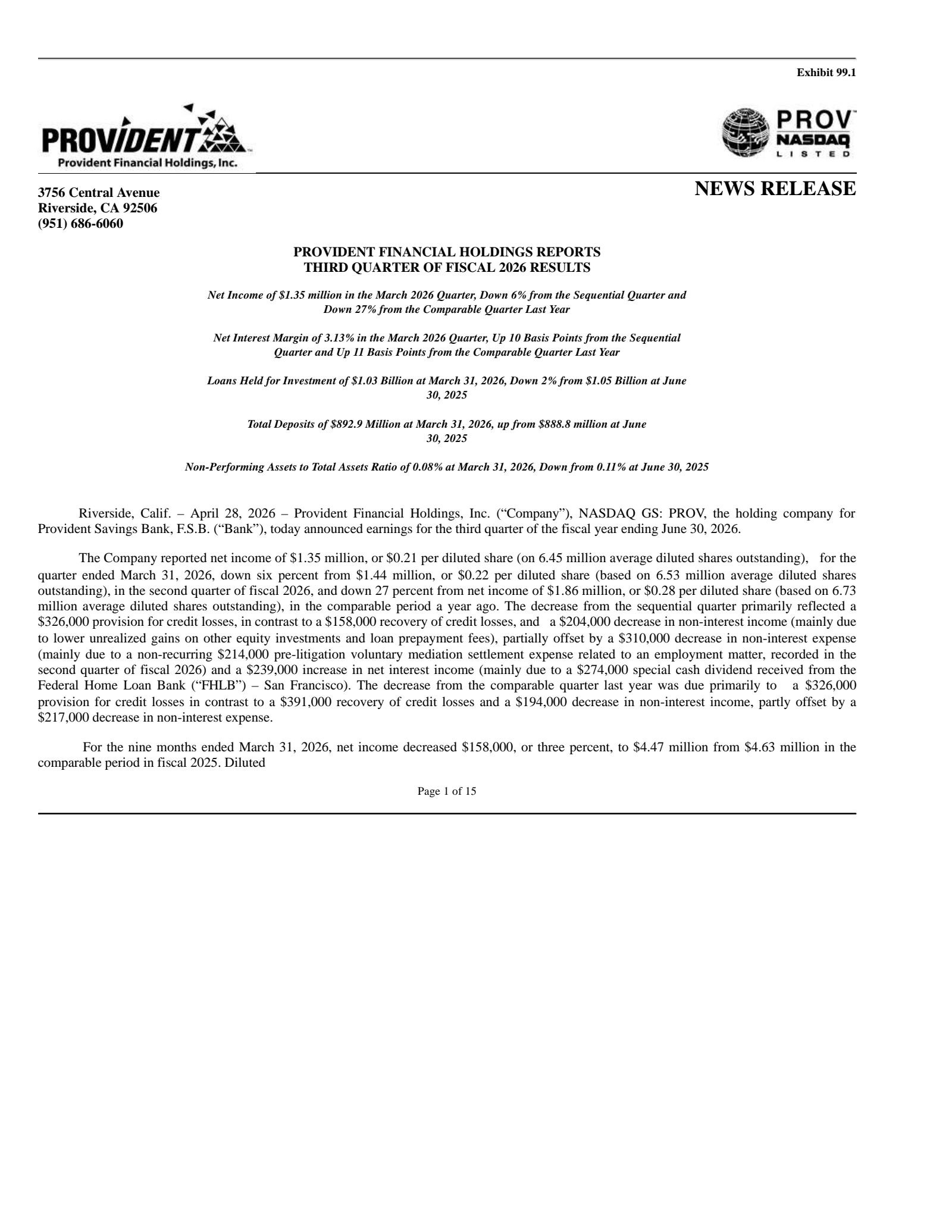 Provident Financial's Q3 2026 Press Release