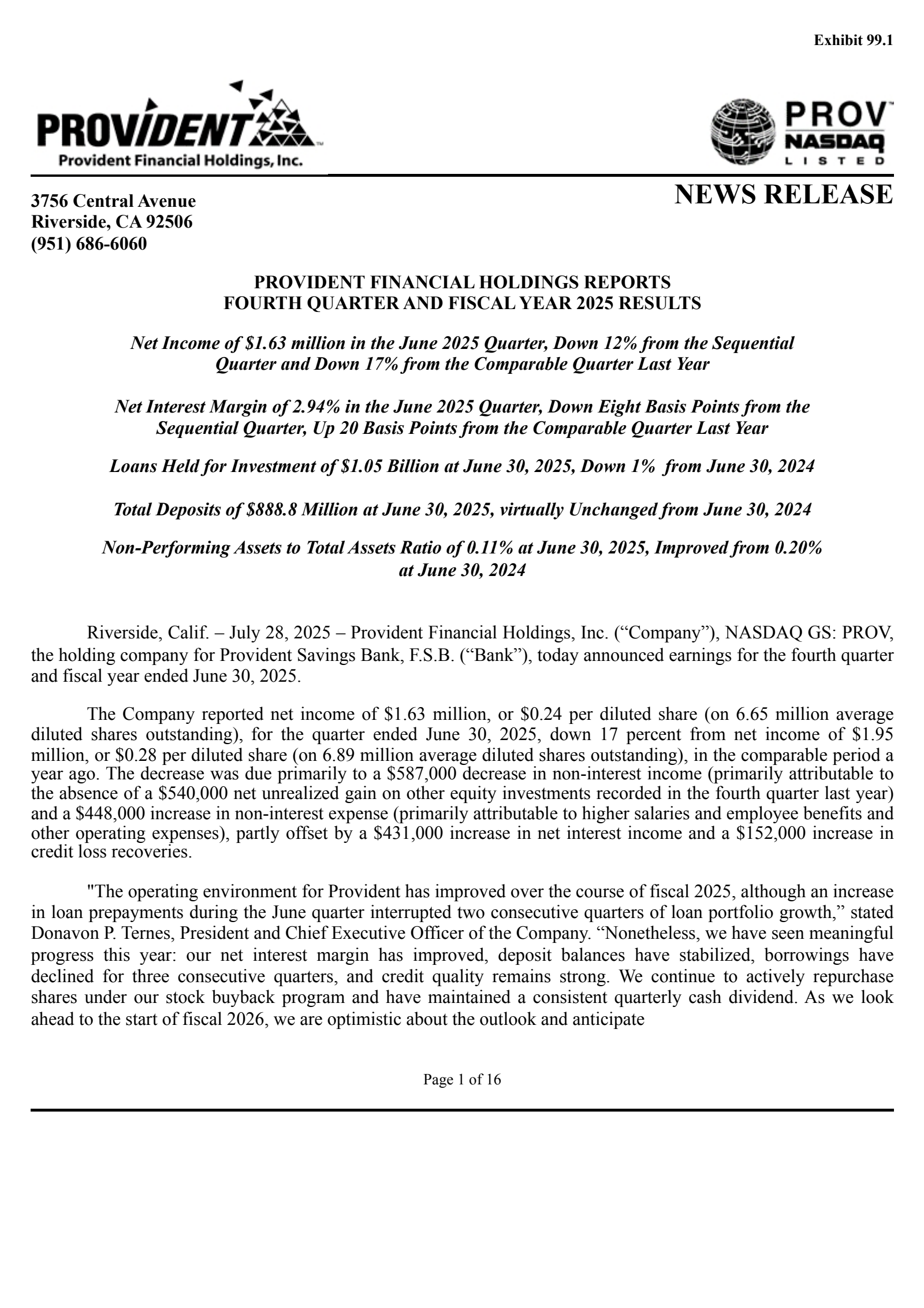 Provident Financial's Q4 2025 Press Release