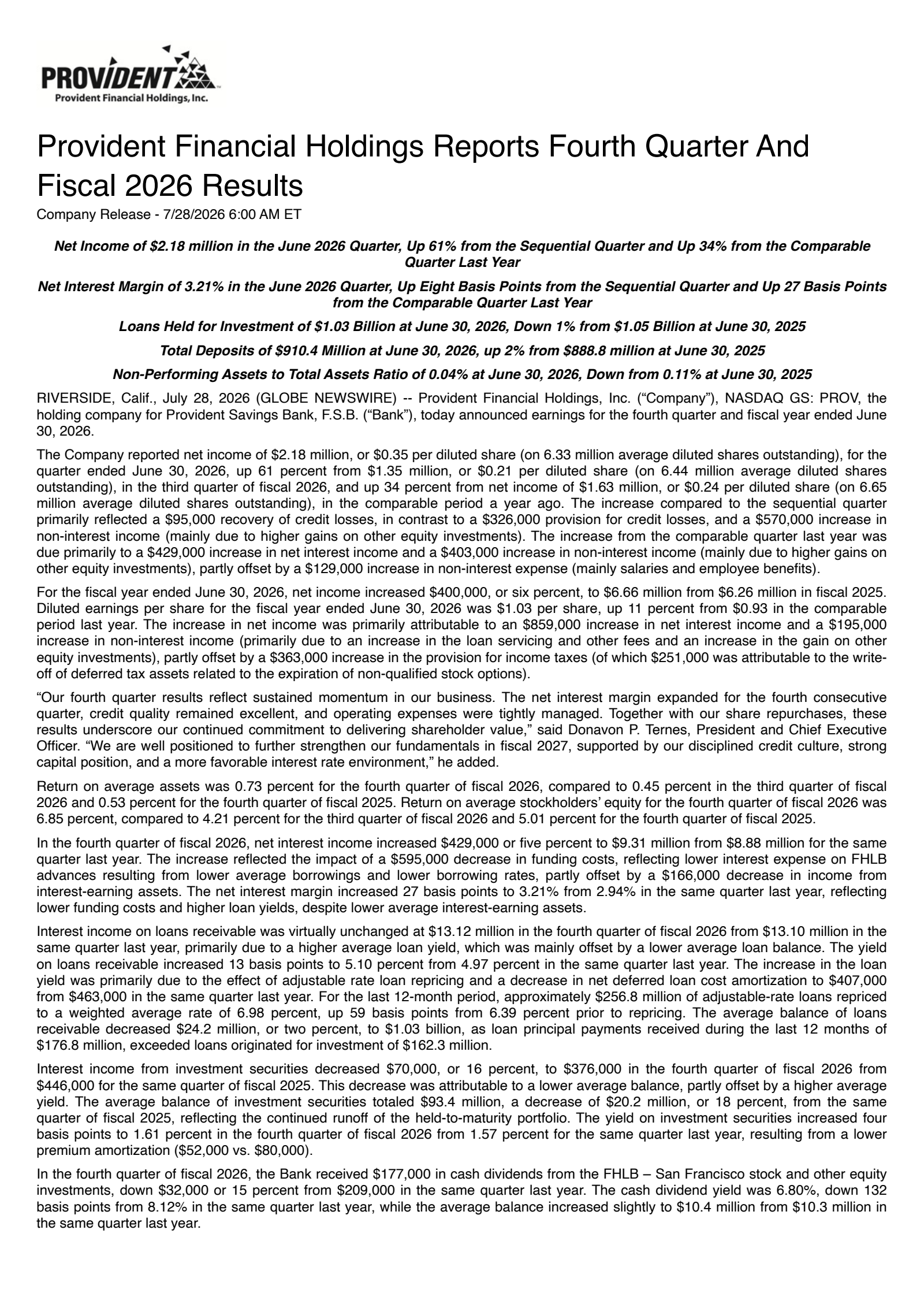 Provident Financial's Q4 2026 Press Release