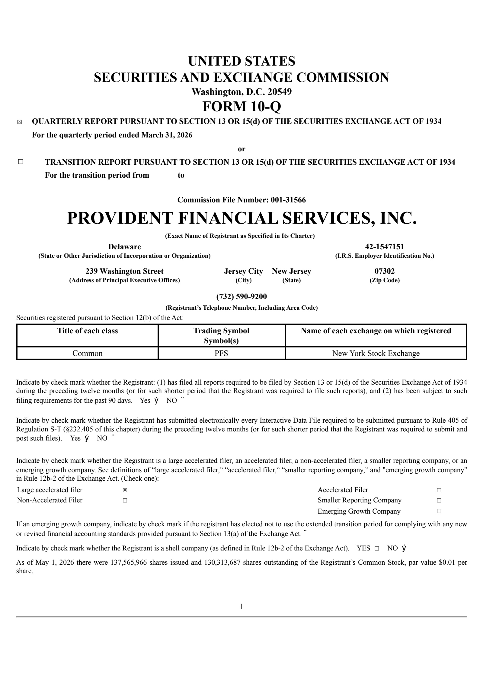 Provident Financial Services' Q1 2026 Quarterly report