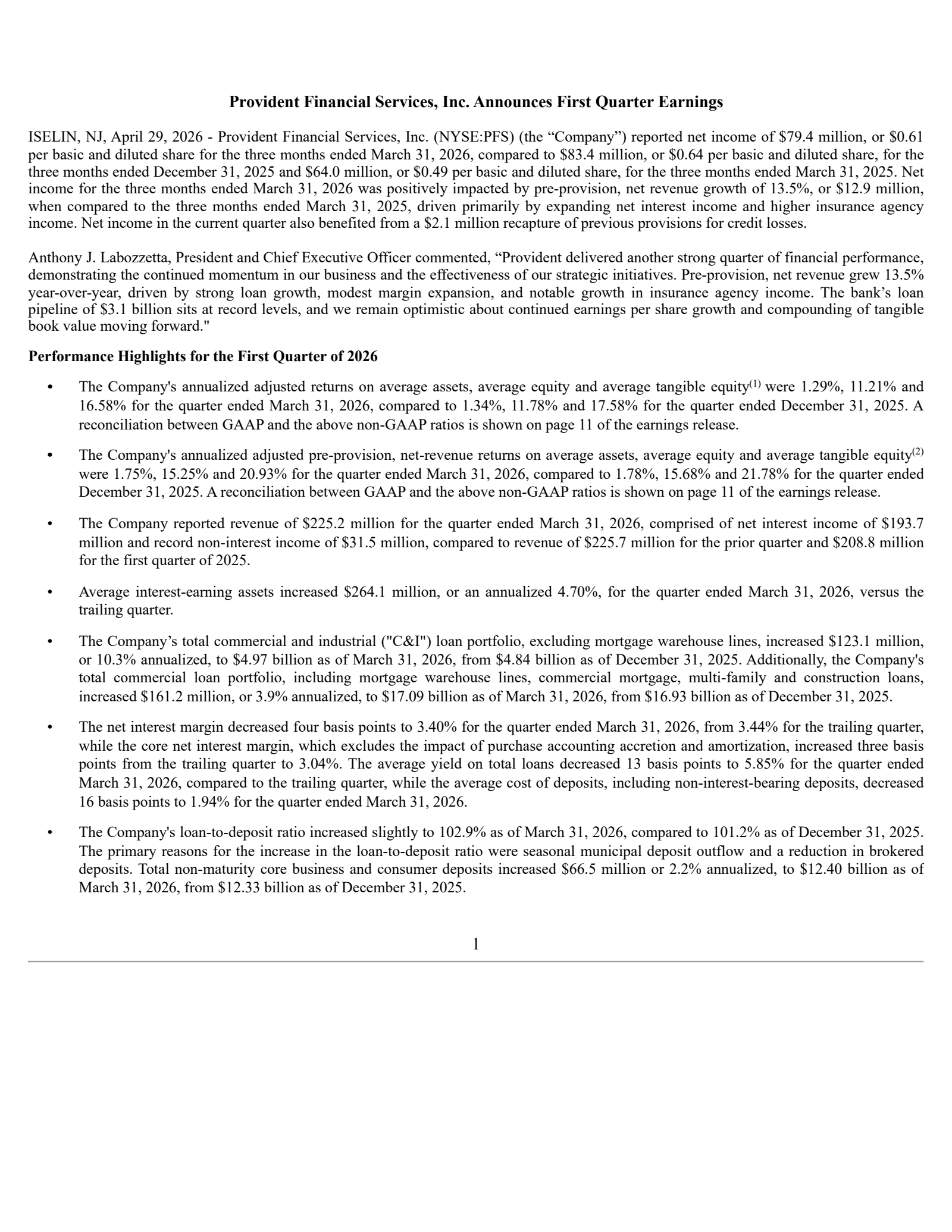Provident Financial Services' Q1 2026 Press Release