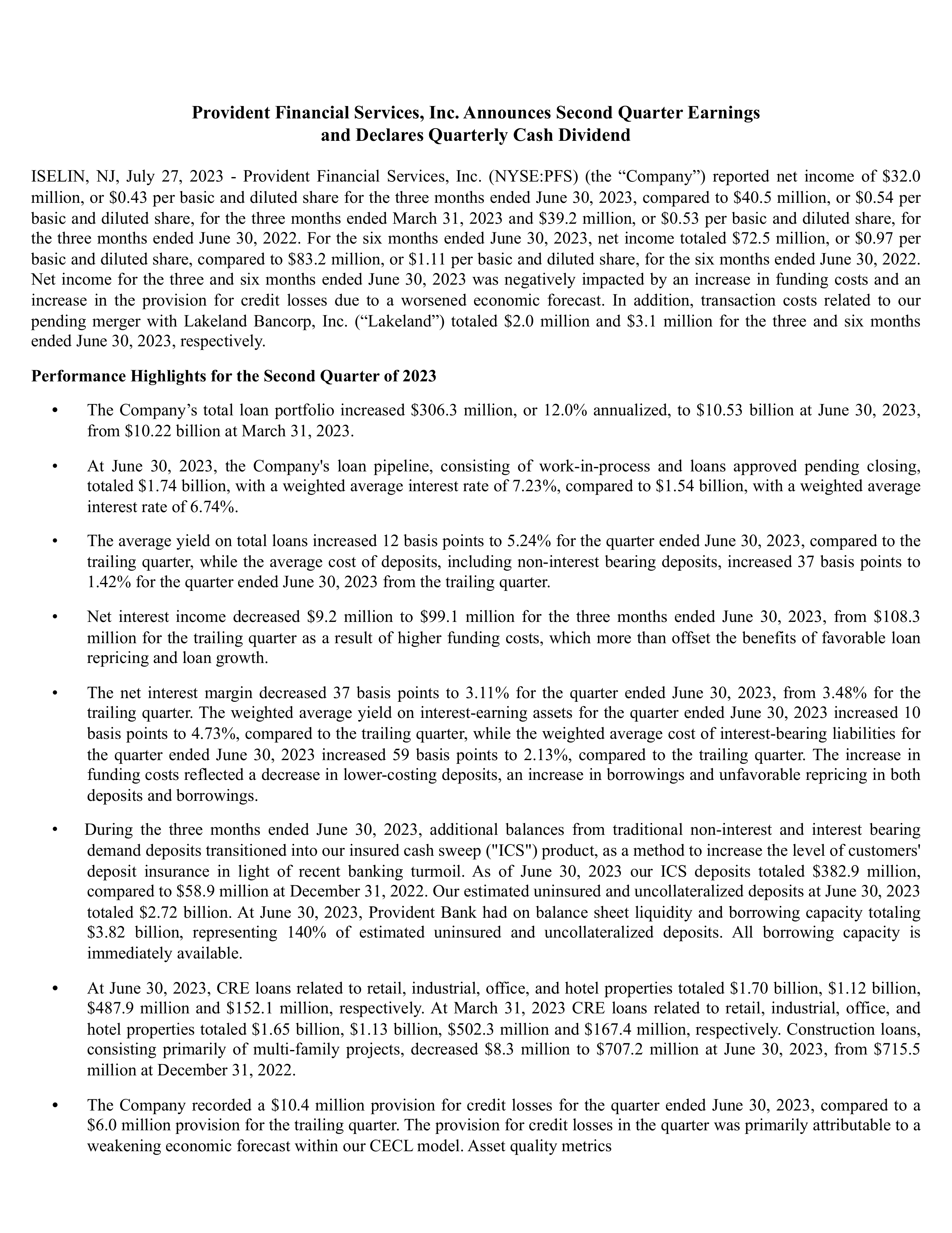 BRT Apartments' Q2 2023 Press Release