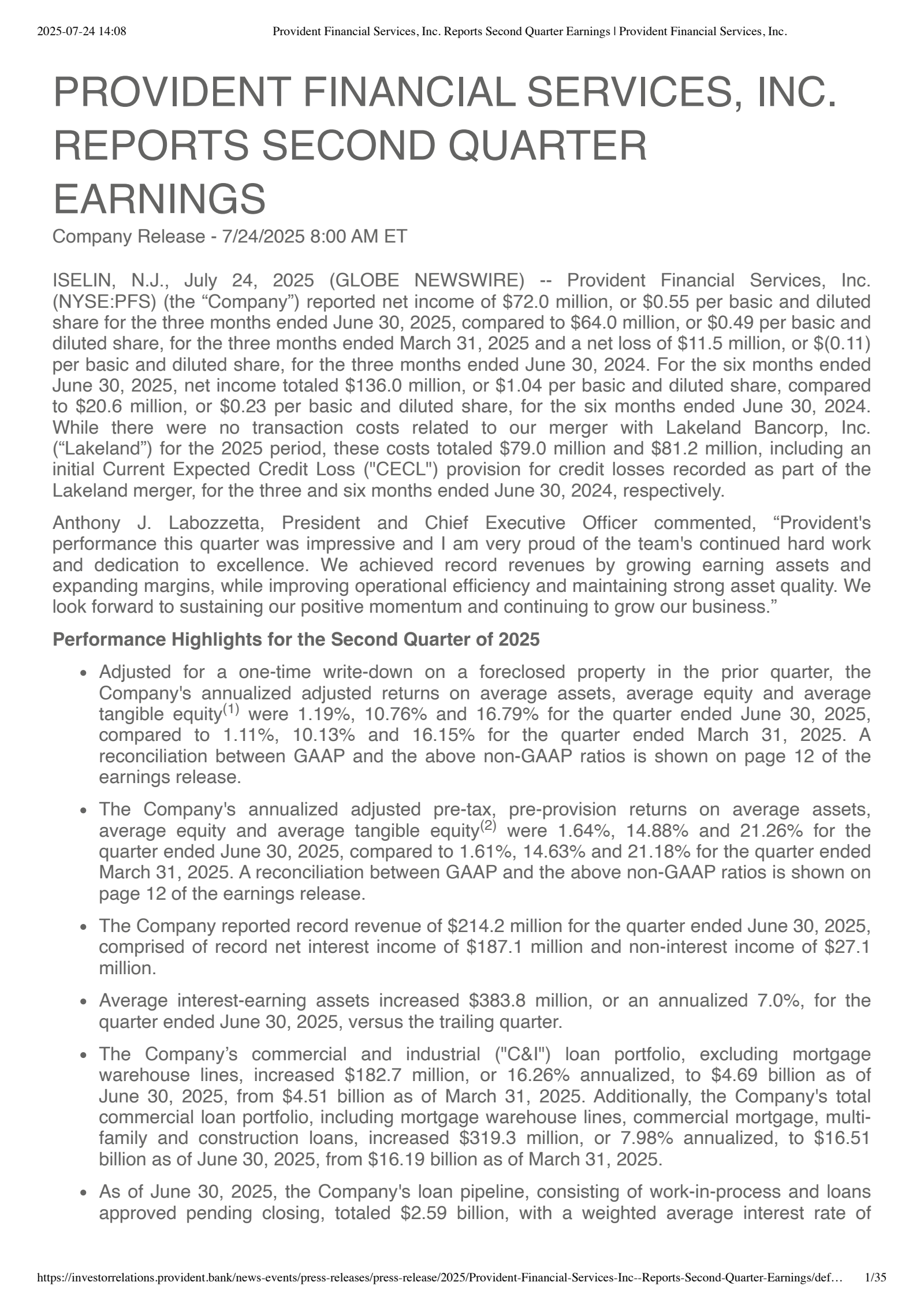 Provident Financial Services' Q2 2025 Press Release