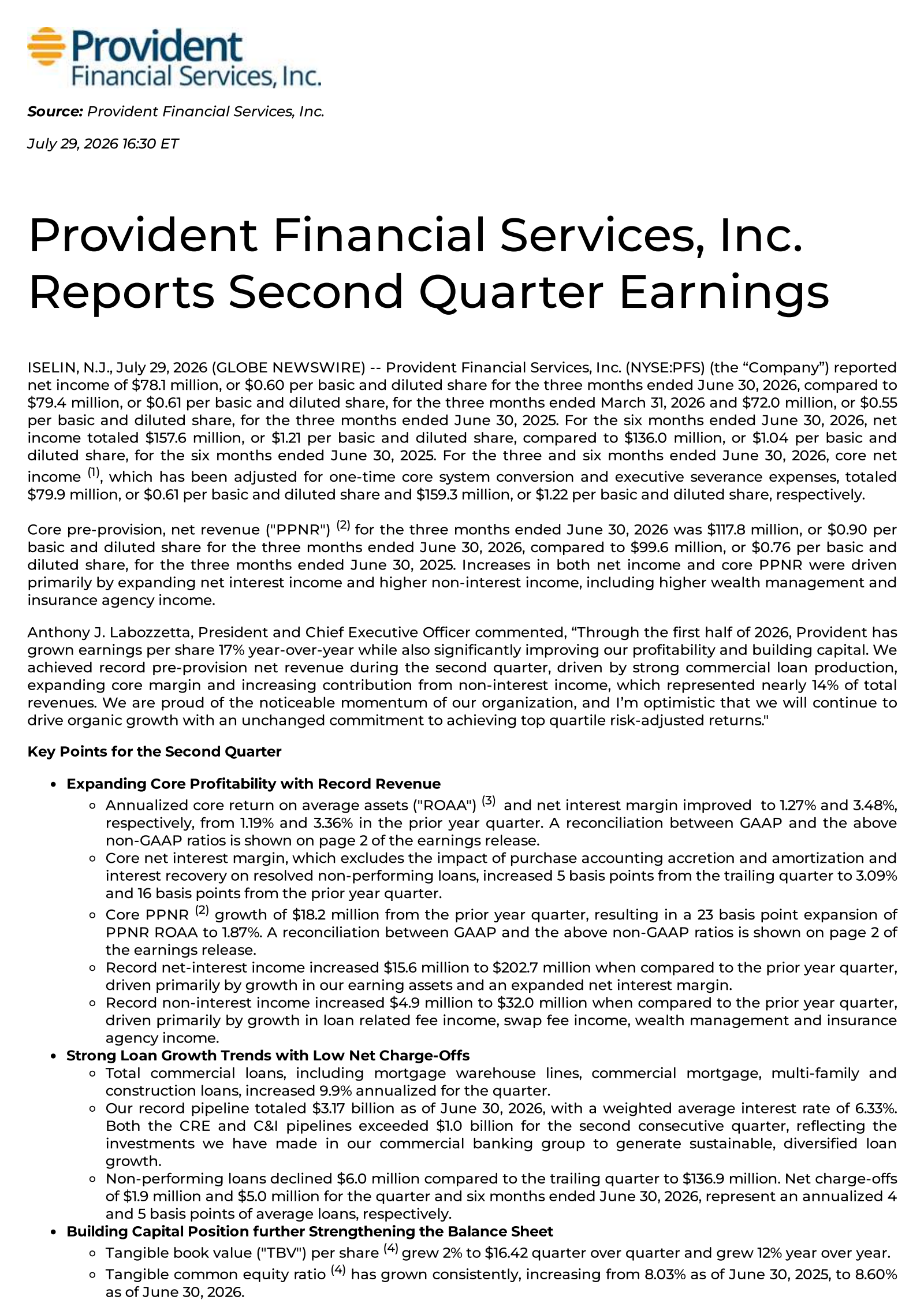 Provident Financial Services' Q2 2026 Press Release
