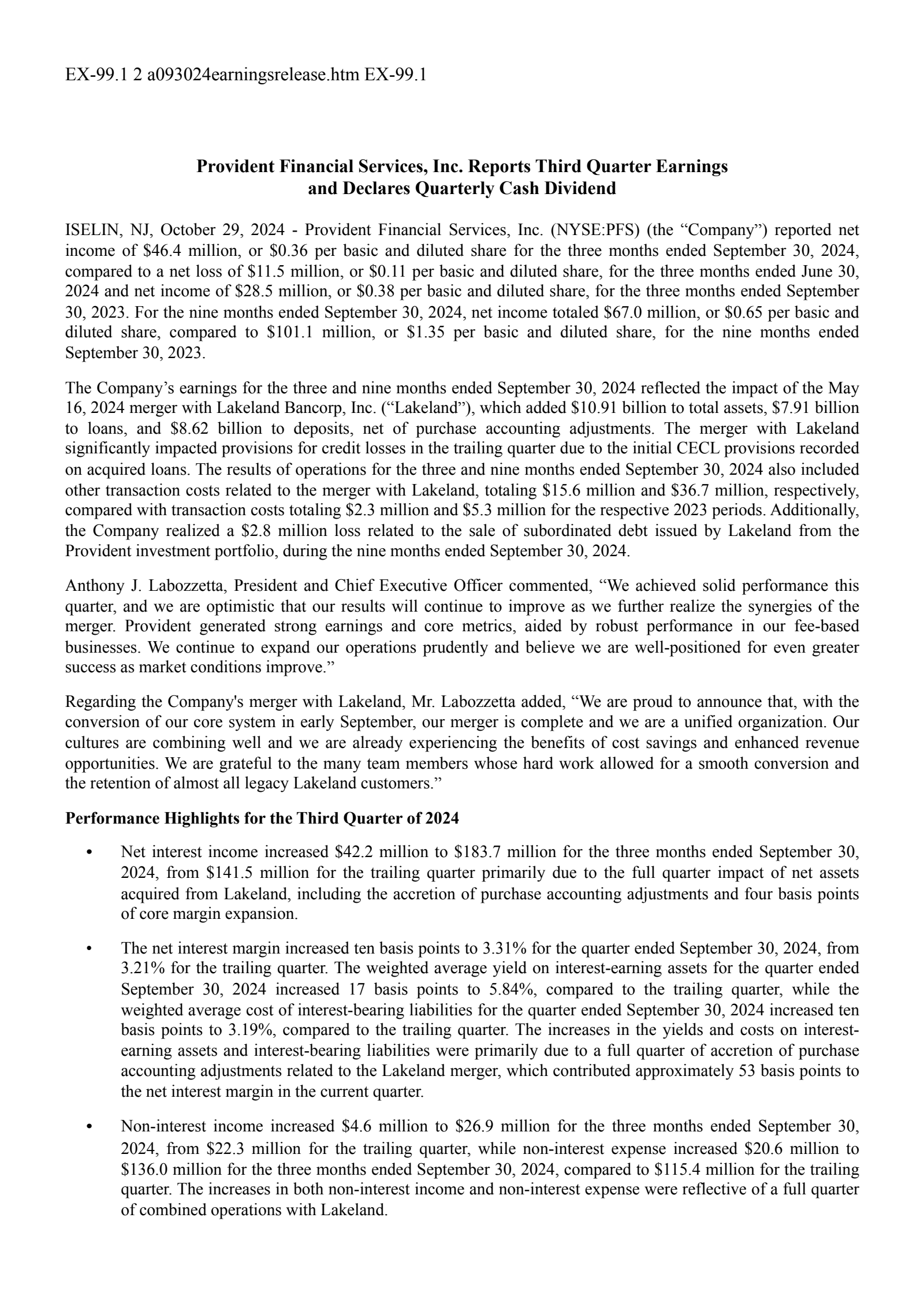 Provident Financial Services' Q3 2024 Press Release