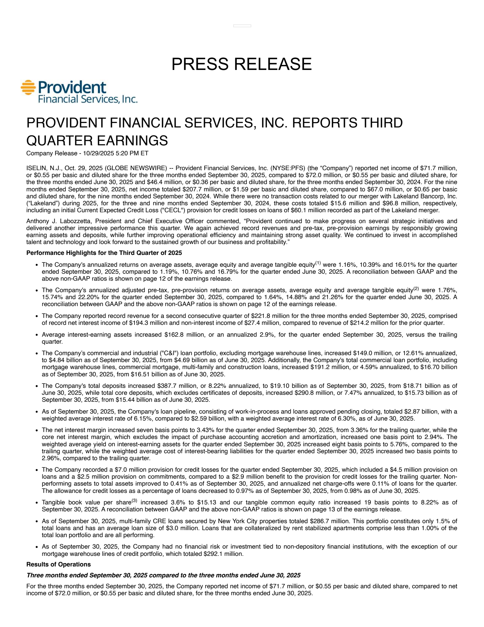 Provident Financial Services' Q3 2025 Earnings Release