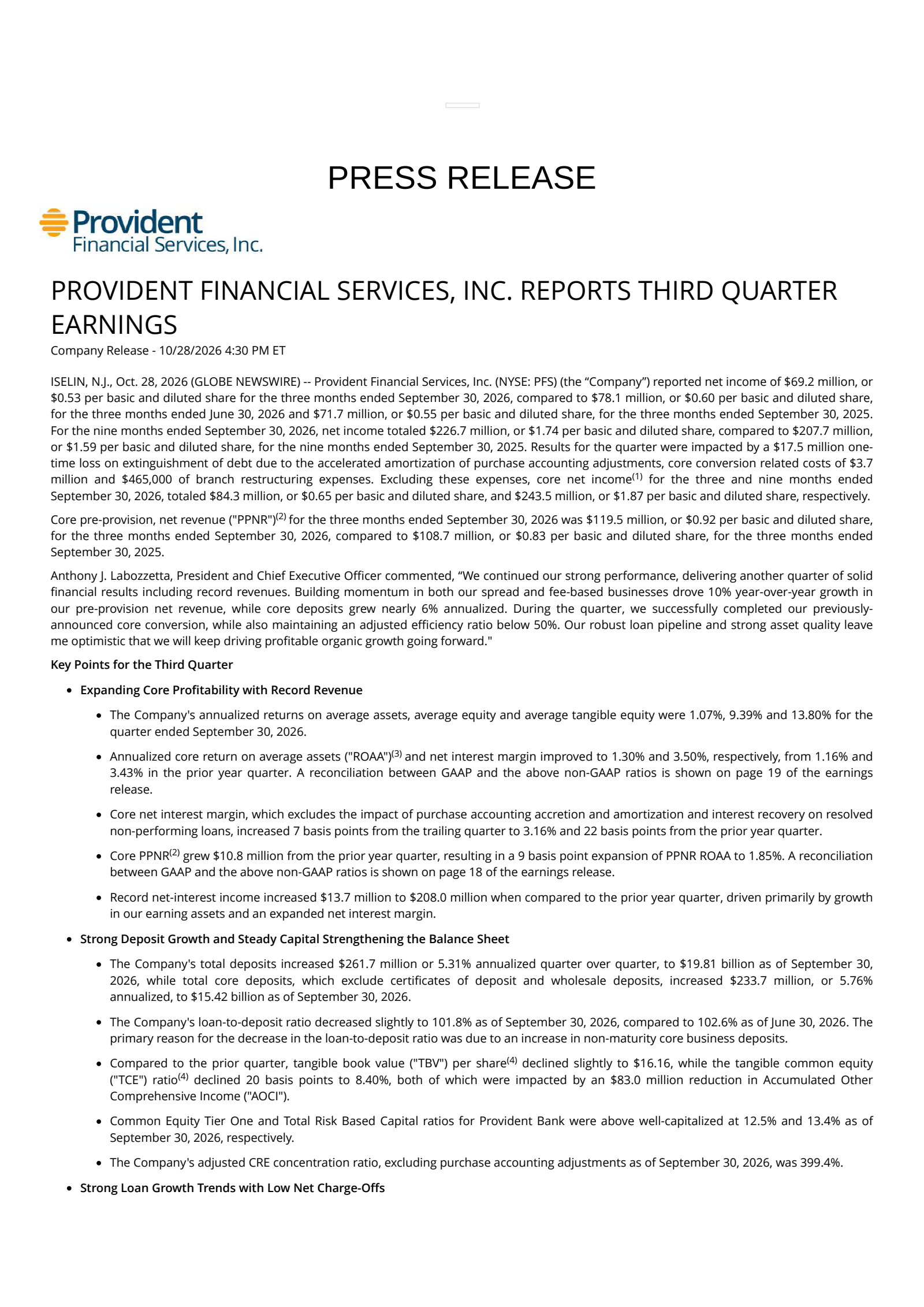 Provident Financial Services' Q3 2026 Press Release
