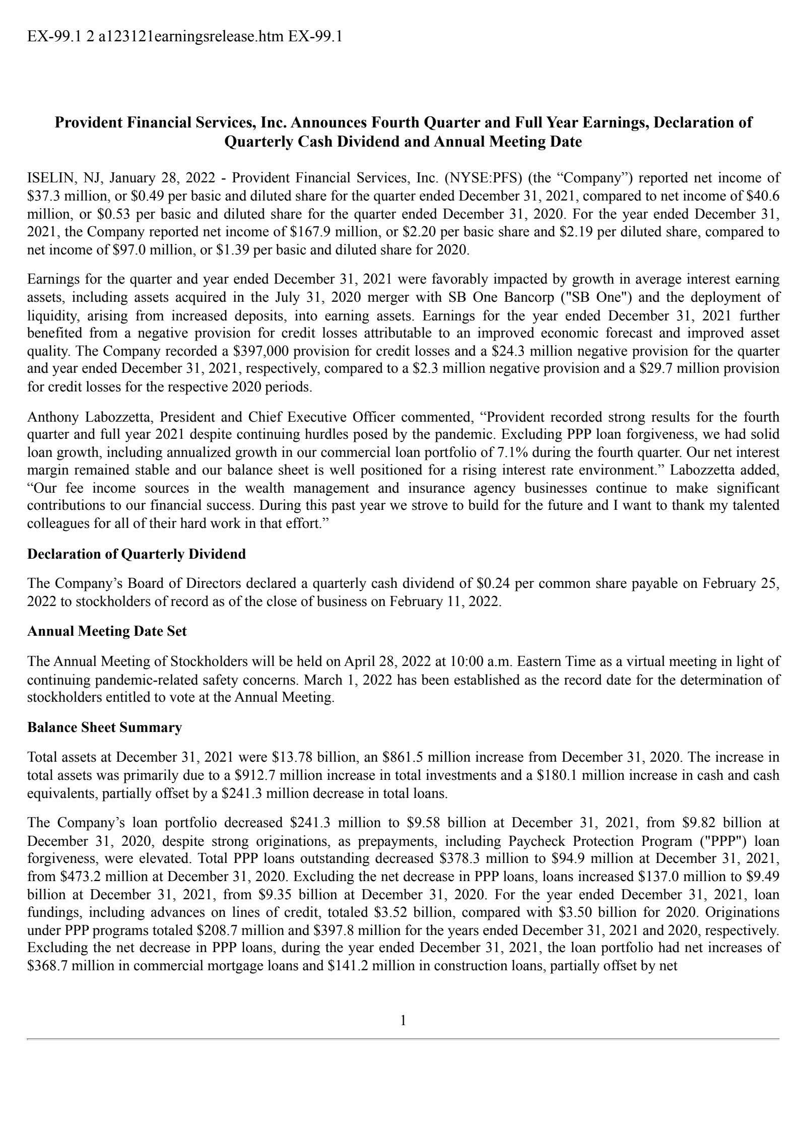 Provident Financial Services' Q4 2021 Press Release