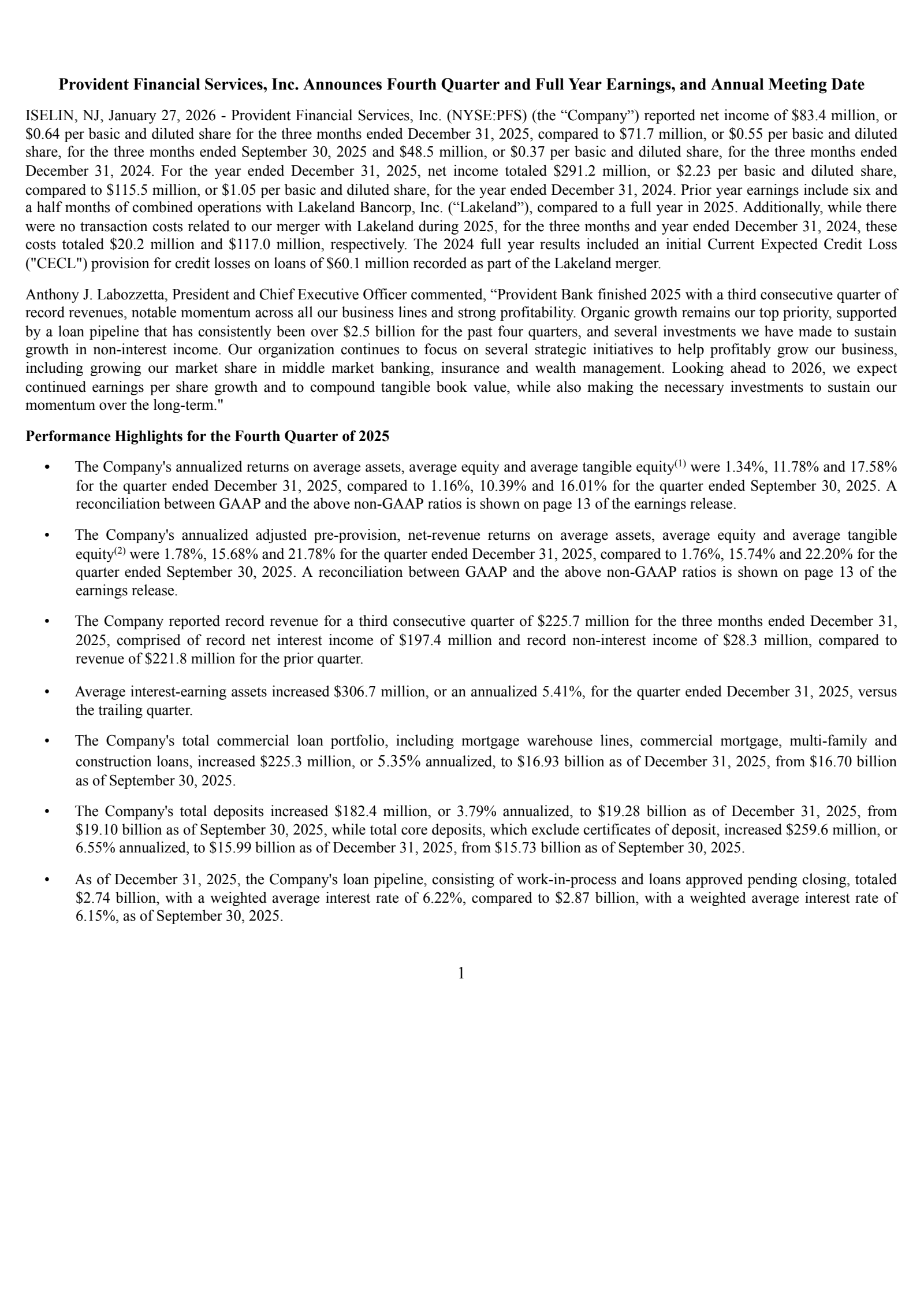 Provident Financial Services' Q4 2025 Press Release
