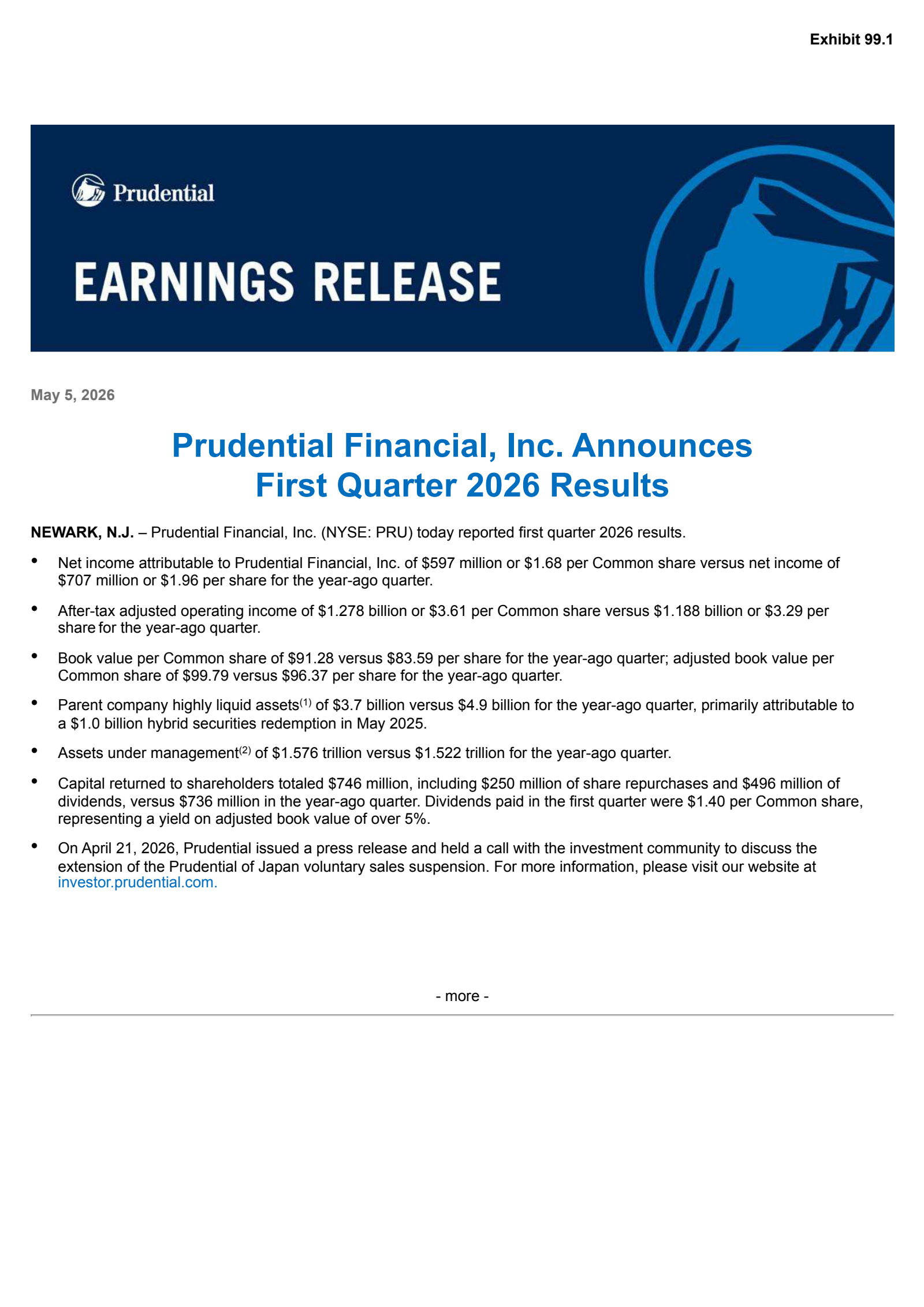 Prudential Financial's Q1 2026 Press Release
