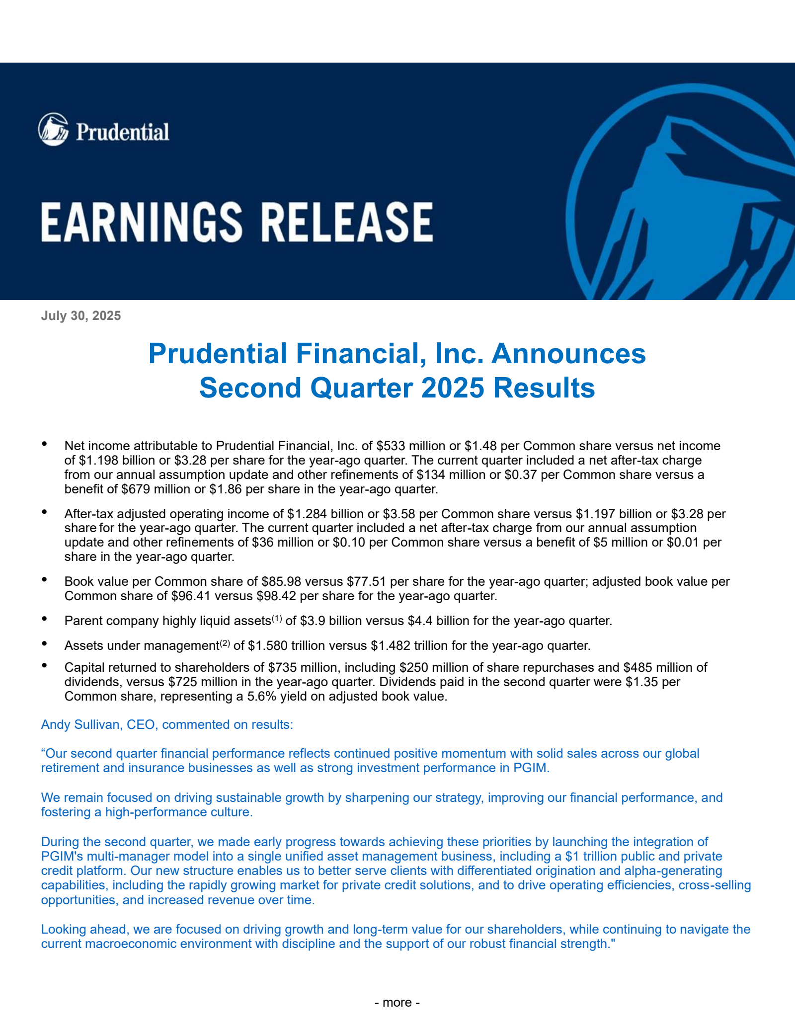 Prudential Financial's Q2 2025 Press Release