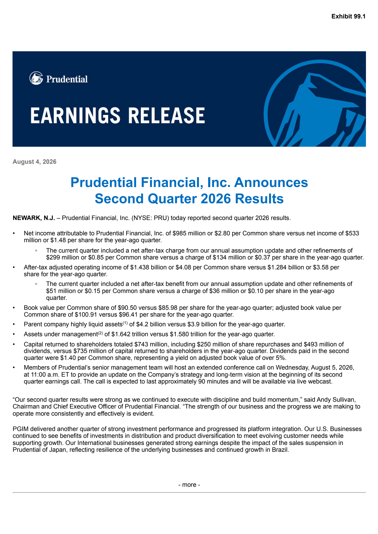 Prudential Financial's Q2 2026 Press Release