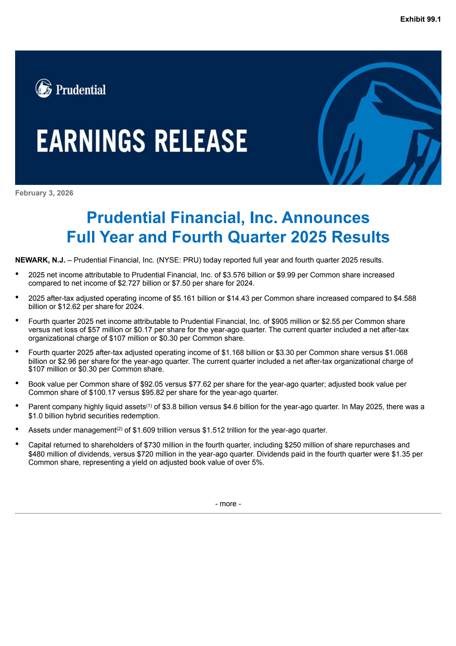 Prudential Financial's Q4 2025 Press Release