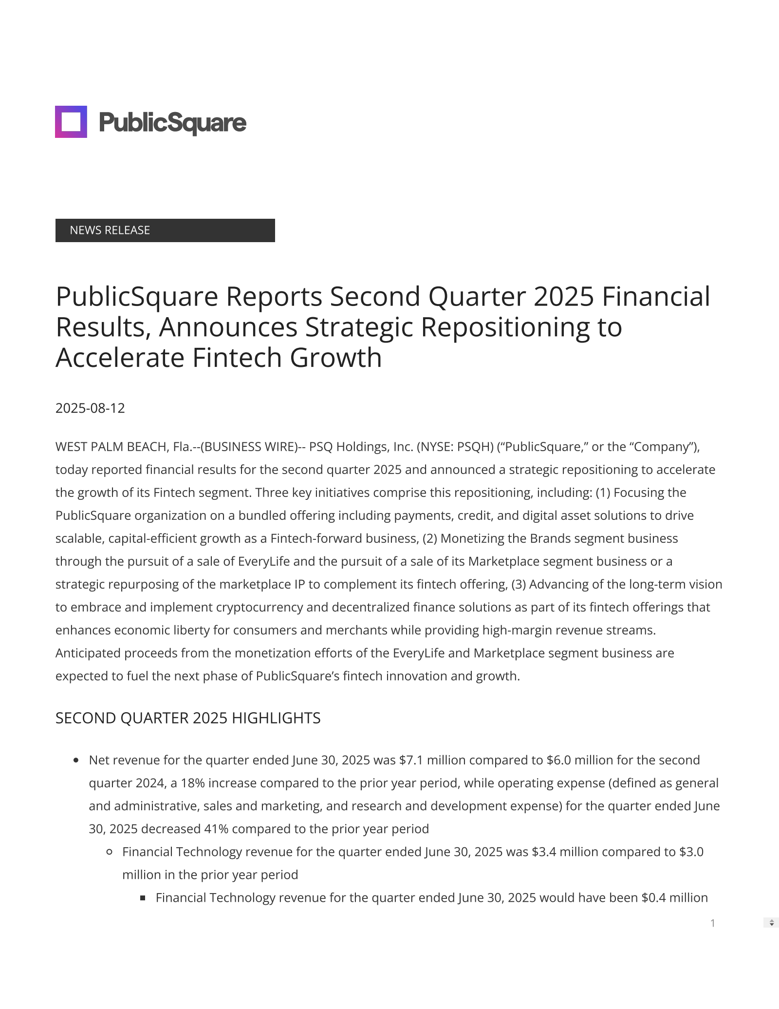 PSQ's Q2 2025 Press Release