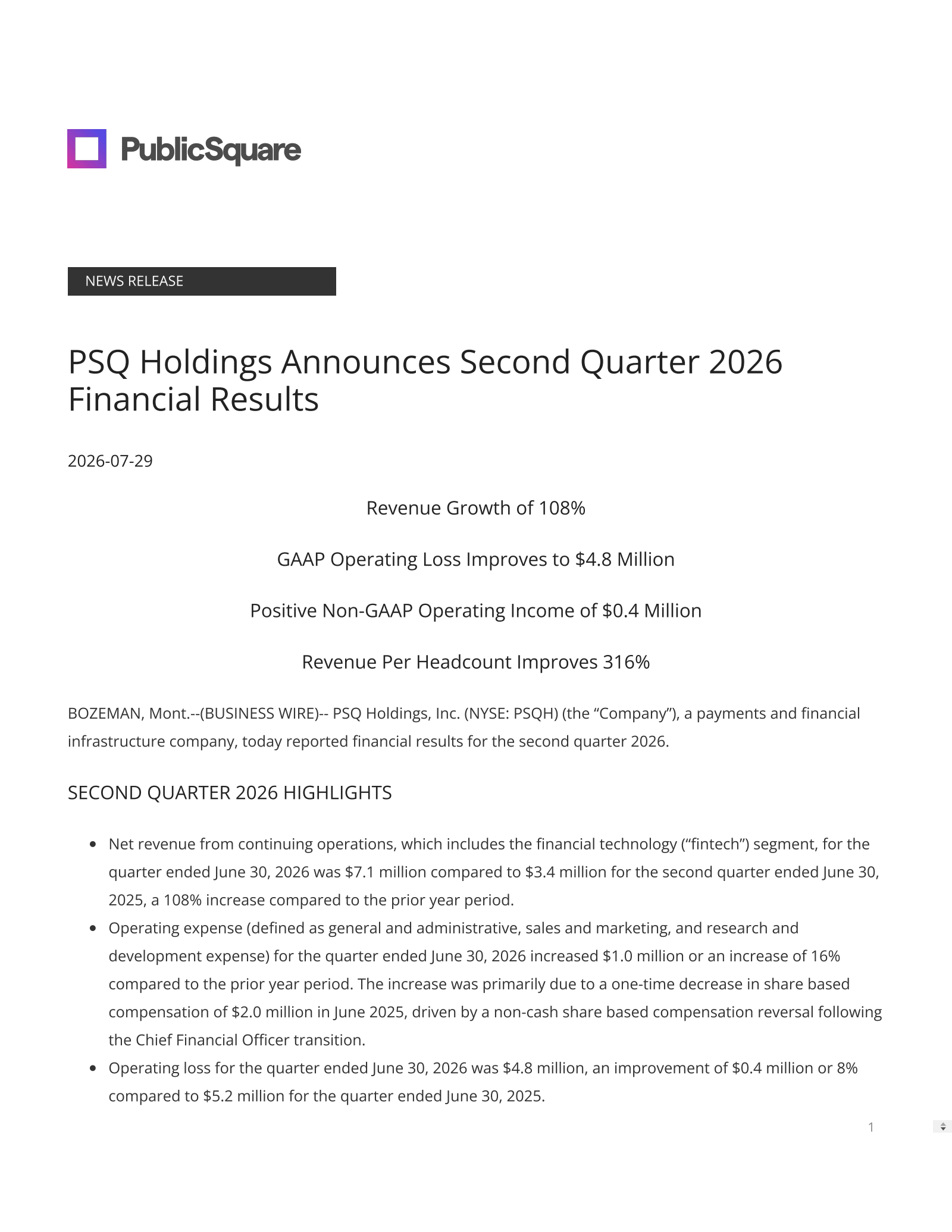 PSQ's Q2 2026 Press Release